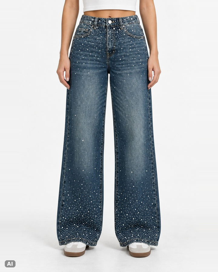 Marivy Strass High Waist Wide Leg Jeans – Ganzkörper, KI-Visualisierung am Model