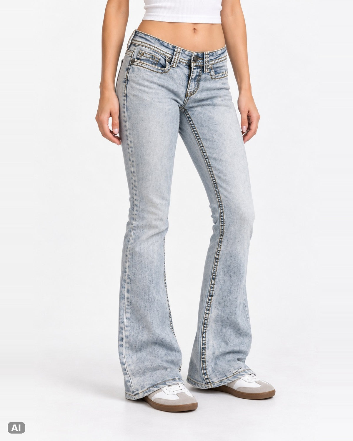 Shyanne Low Rise Bootcut Jeans – Gr. EU 34 / XS – Vorne, KI-Visualisierung am Model