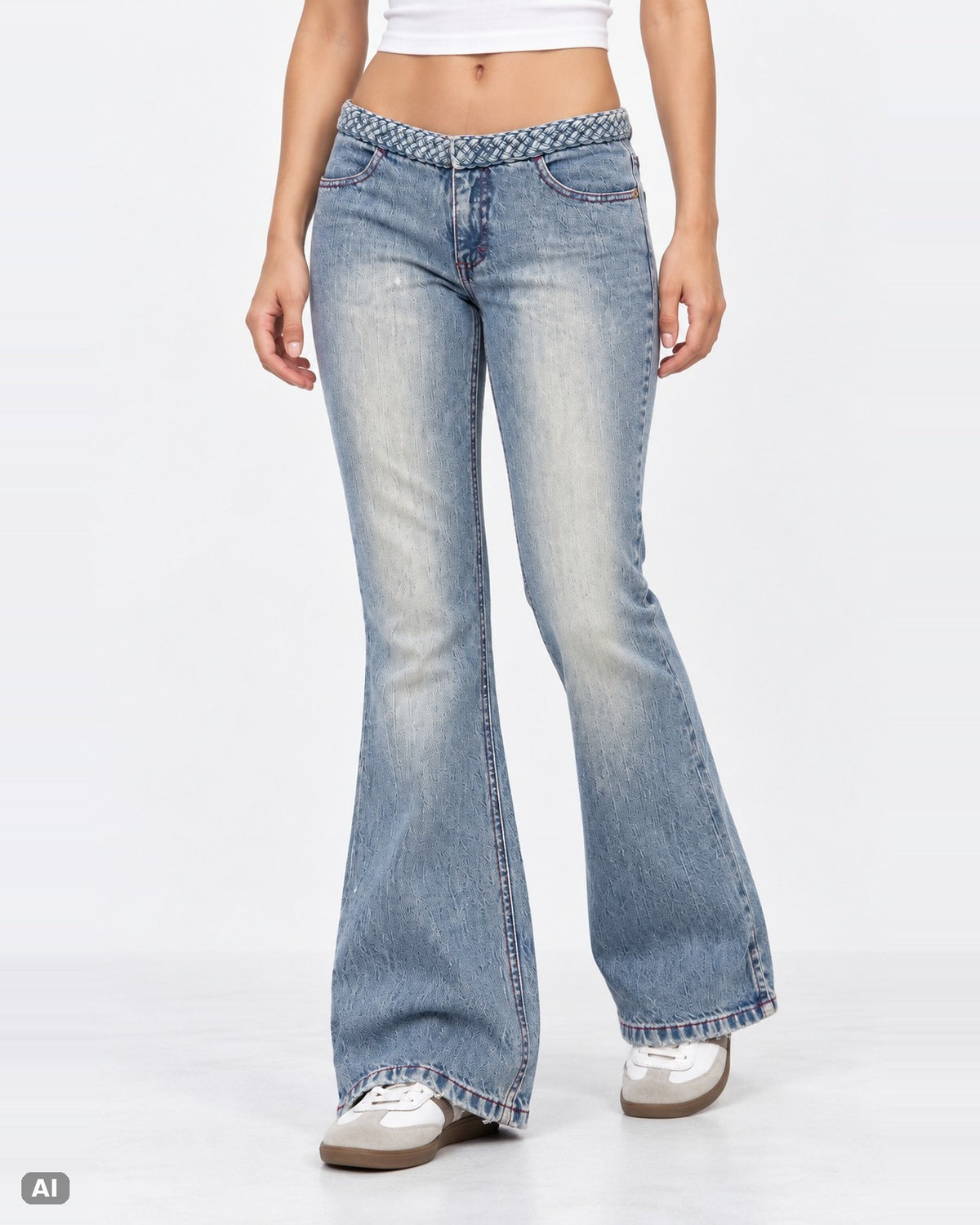 Unionbay Low Rise Flare Jeans – Gr. EU 32 / XS – Vorne, KI-Visualisierung am Model