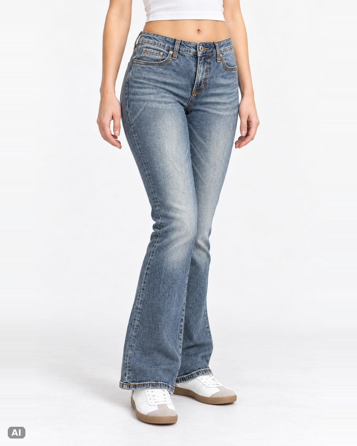Vintage Strass Mid-Waist Bootcut-Jeans – Gr. EU 34 / XS – Vorne, KI-Visualisierung am Model