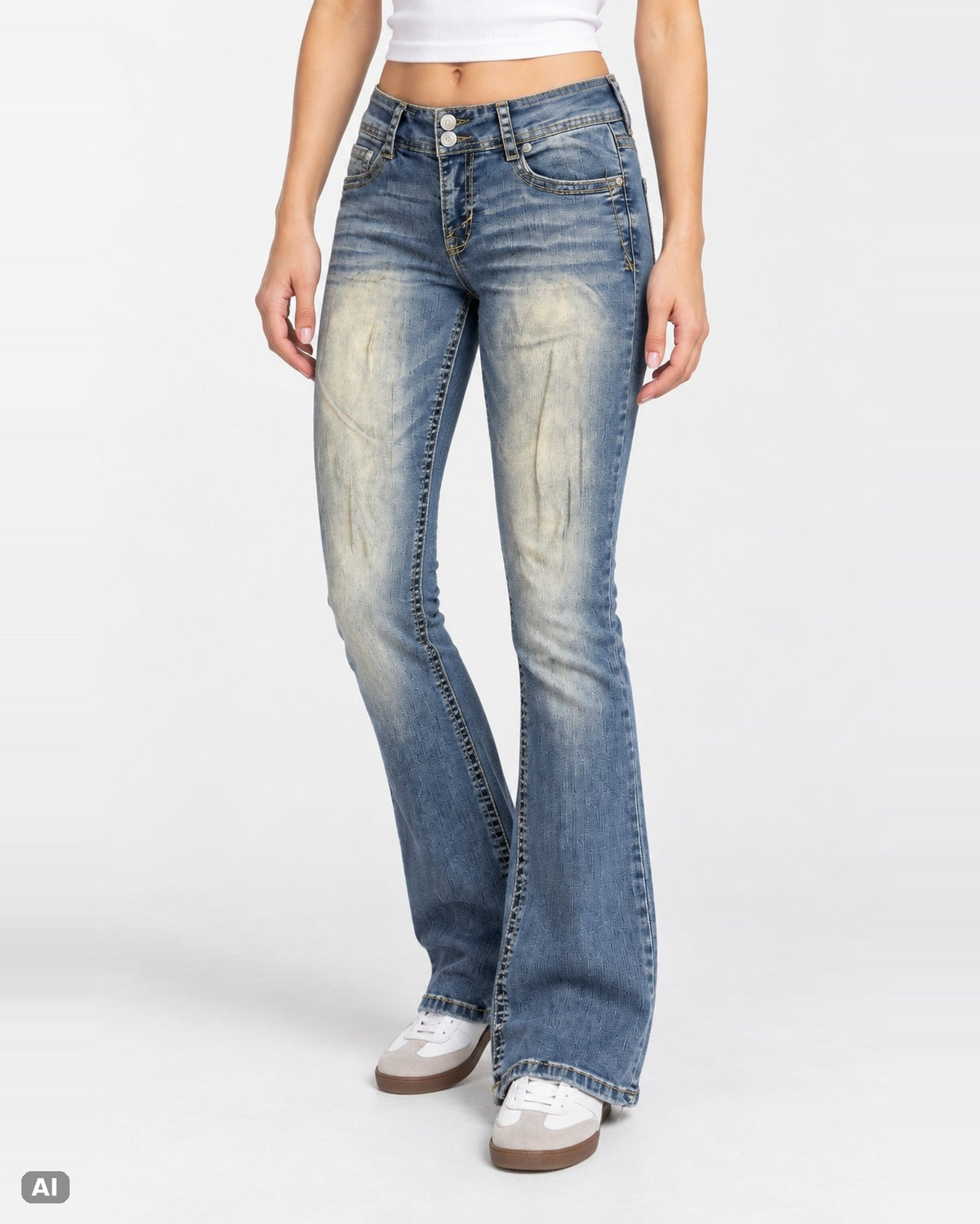 Wallflower Luscious Curvy Mid-Waist Bootcut-Jeans – Gr. EU 34 / XS – Vorne, KI-Visualisierung am Model