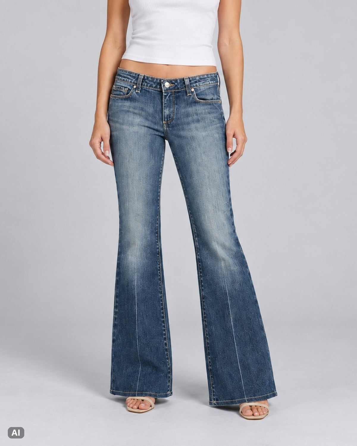 Paige Laurel Canyon Low Rise Flare Jeans – Gr. EU 40 / L – Vorne, KI-Visualisierung am Model