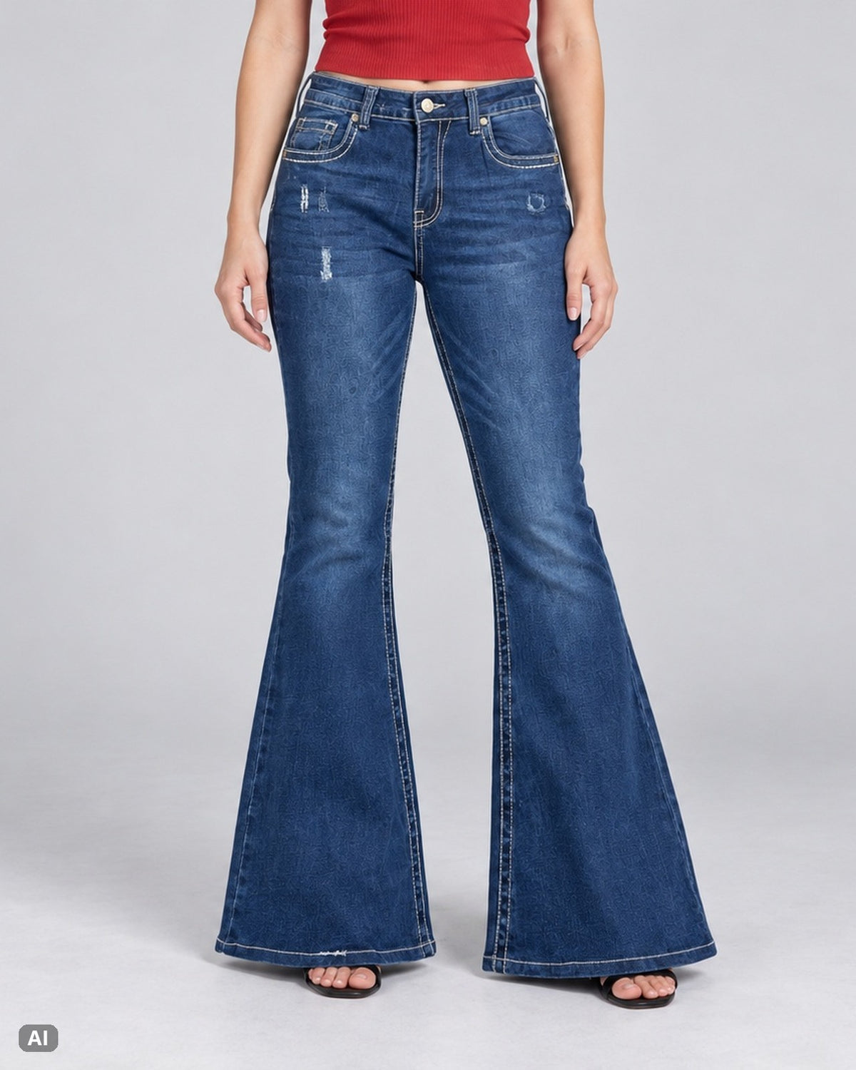 Bamboo Zickzack High Waist Flare Jeans – Gr. EU 36 / S – Vorne, KI-Visualisierung am Model