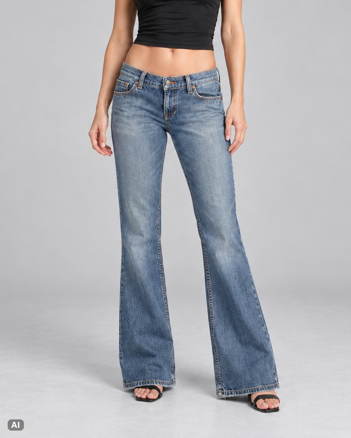 Mossimo Supply Co Low Rise Bootcut-Jeans – Gr. EU 40 / L – Vorne, KI-Visualisierung am Model