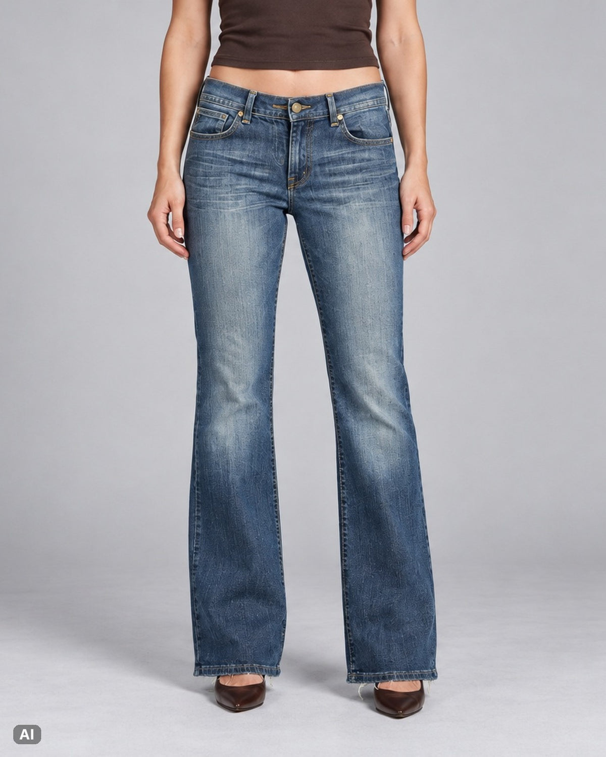 INC International Concepts Low-Waist-Bootcut-Jeans – Gr. EU 40 / L – Vorne, KI-Visualisierung am Model