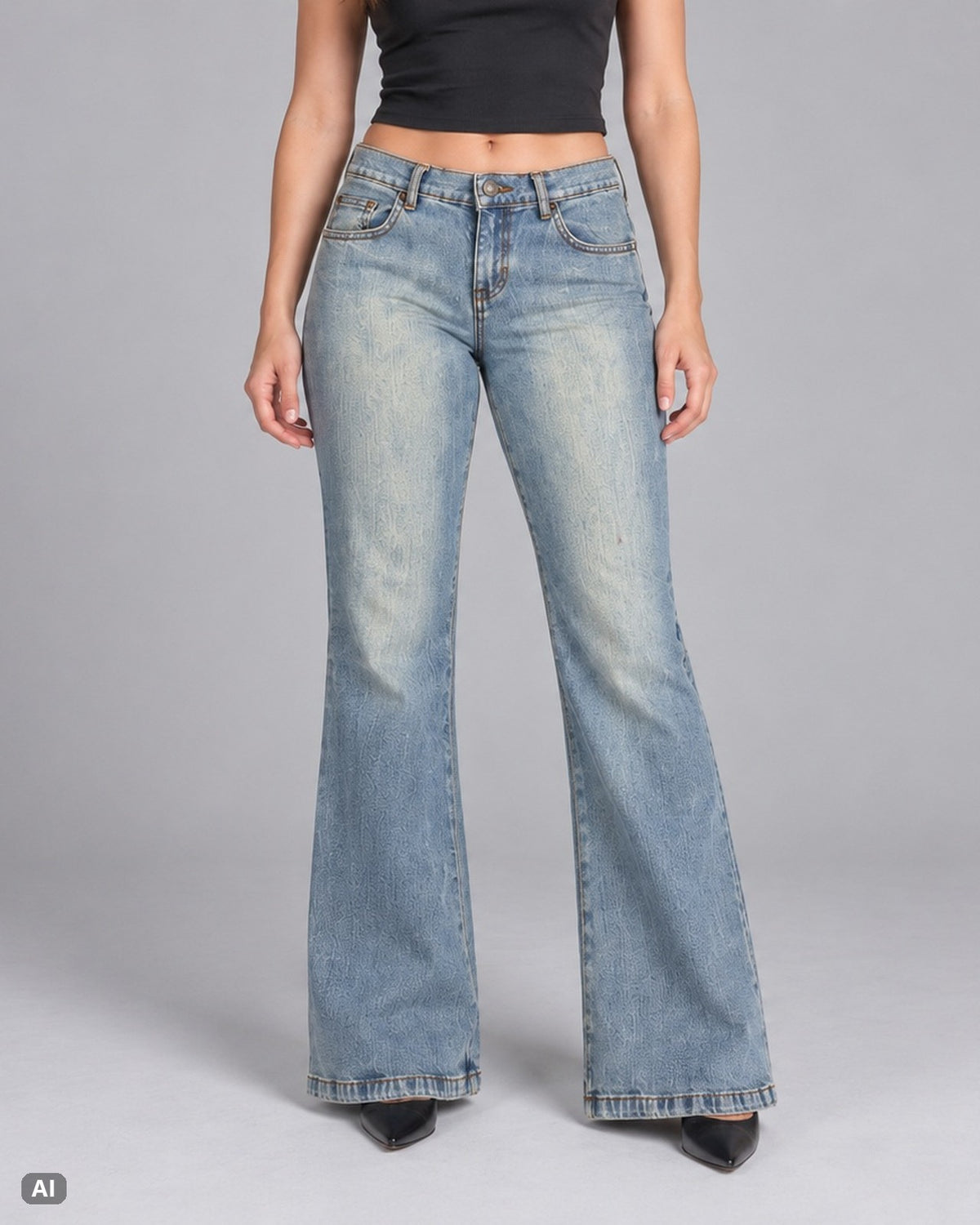 Steve & Barry’s Herzstickerei Mid Rise Bootcut-Jeans – Gr. EU 36 / S – Vorne, KI-Visualisierung am Model