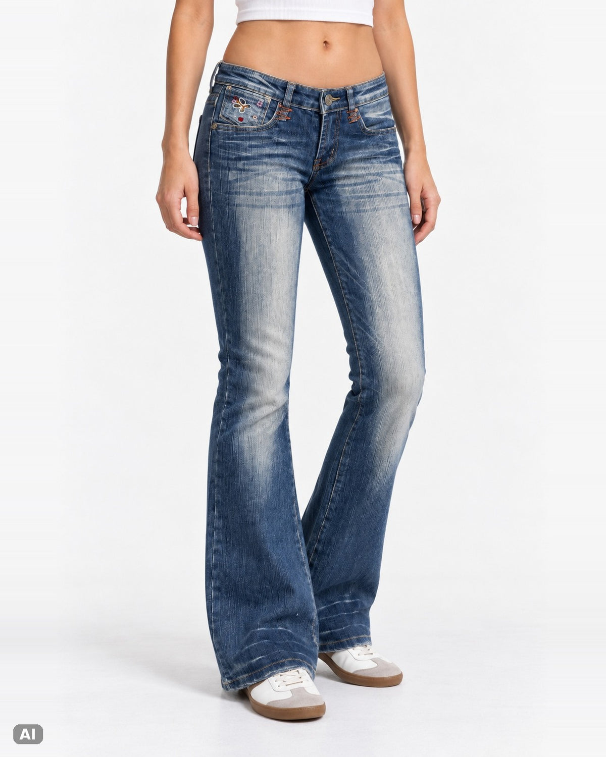 Obiettivo Industry Stickerei Low Rise Bootcut Jeans – Gr. EU 34 / XS – Vorne, KI-Visualisierung am Model