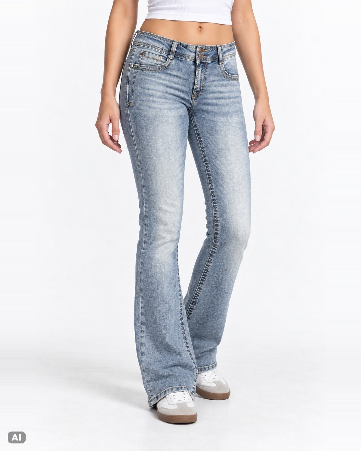 Wallflower Curvy Fit Mid-Waist Bootcut-Jeans – Gr. EU 40 / L – Vorne, KI-Visualisierung am Model