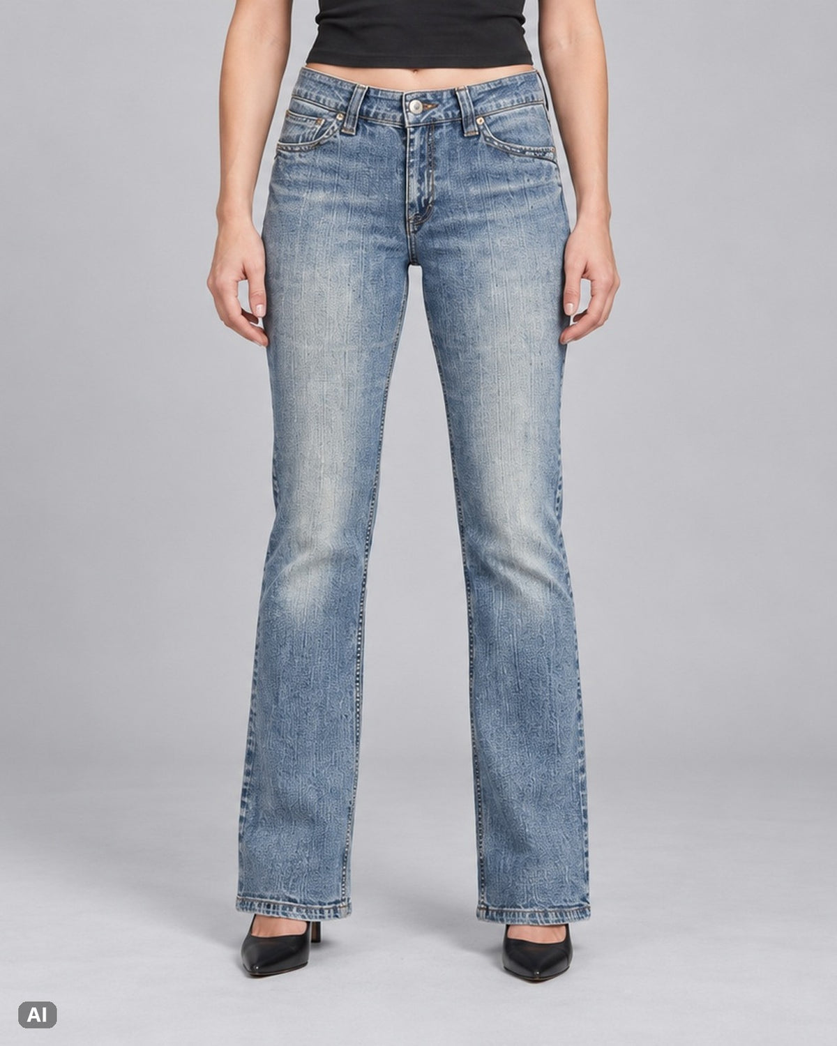 Roots 73 Mid Waist Bootcut Jeans – Gr. EU 36 / S – Vorne, KI-Visualisierung am Model