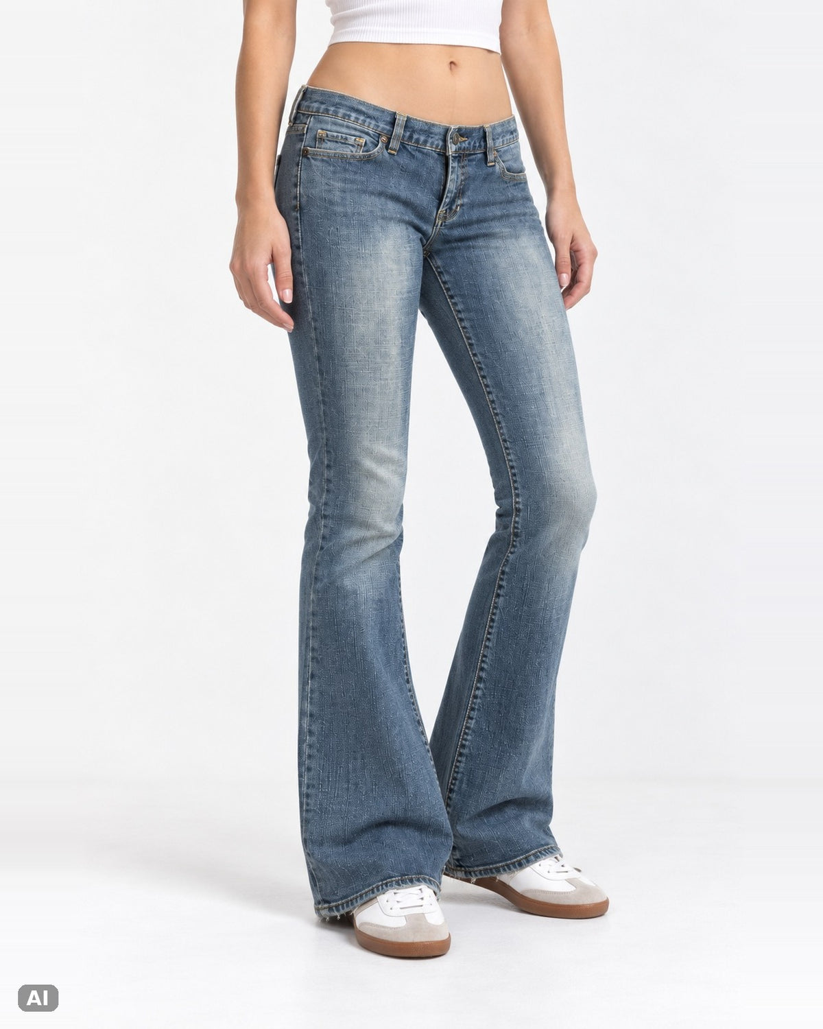 LEI Ultra Low Waist Bootcut-Jeans – Gr. EU 40 / L – Vorne, KI-Visualisierung am Model