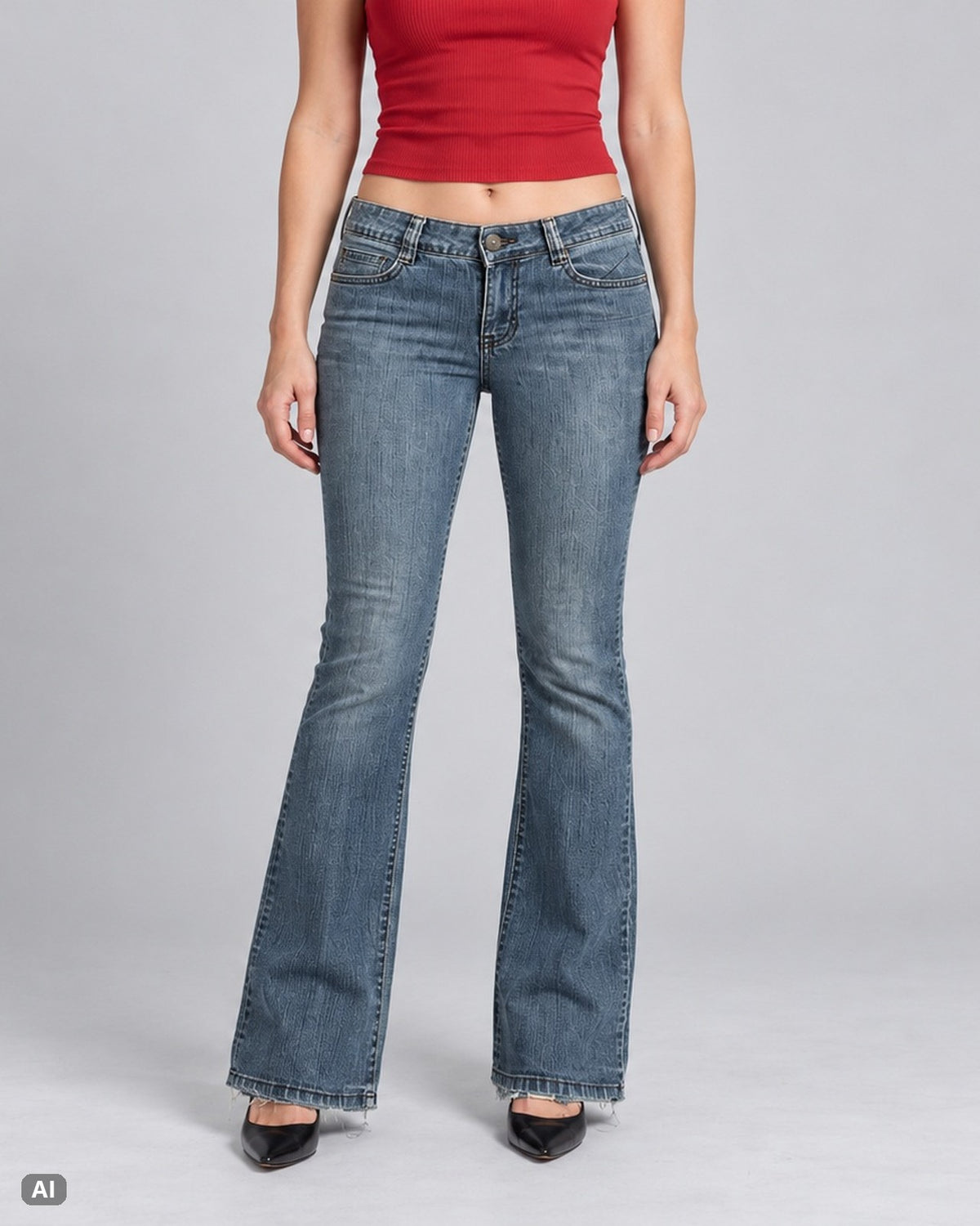 l.e.i Chelsea Low Rise Bootcut Jeans – Gr. EU 34 / XS – Vorne, KI-Visualisierung am Model