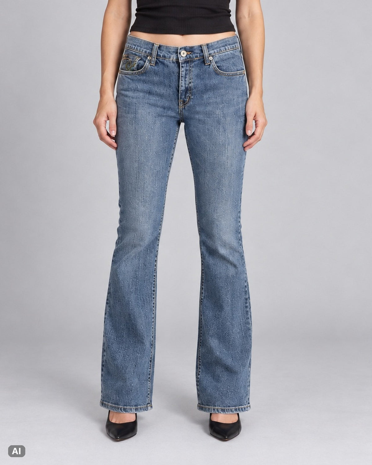Zya Spiralstickerei Mid Rise Bootcut Jeans – Gr. EU 38 / M – Vorne, KI-Visualisierung am Model