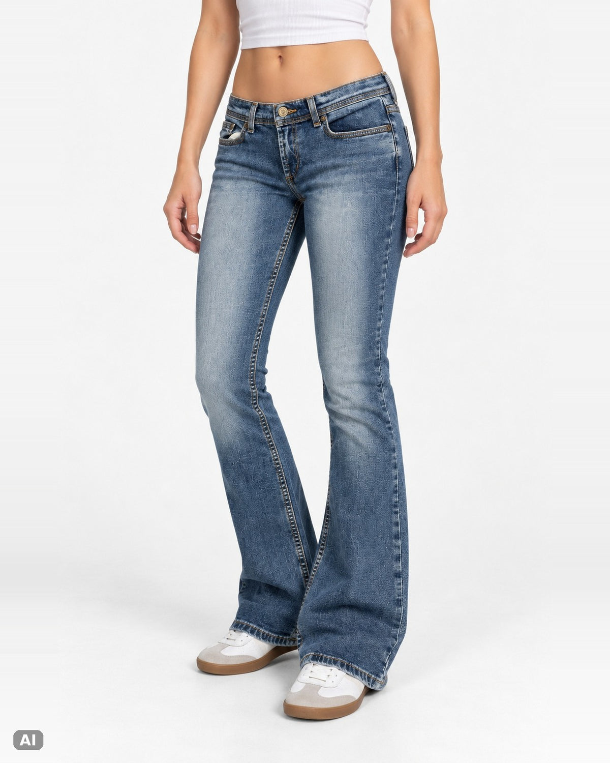 Express Low Rise Bootcut Jeans – Gr. EU 34 / XS – Vorne, KI-Visualisierung am Model
