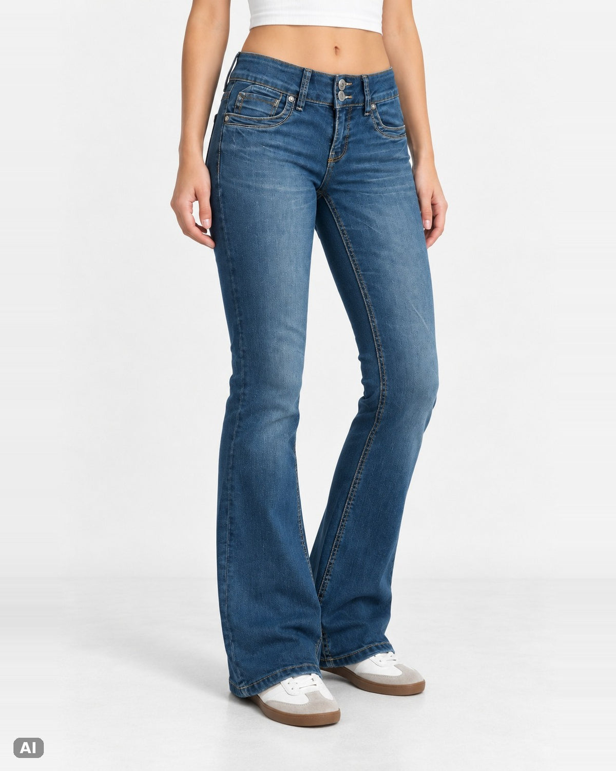 Recruit Jeans Low Waist Bootcut-Jeans – Gr. EU 34 / XS – Vorne, KI-Visualisierung am Model