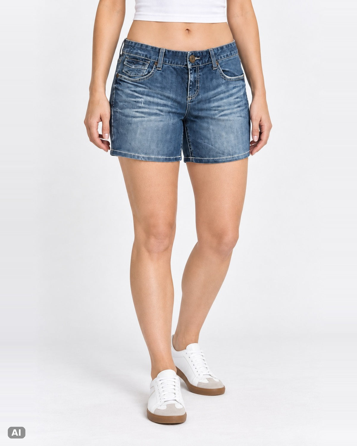 Maurices Low Waist Straight Jeansshorts – Gr. EU 38 / M – Vorne, KI-Visualisierung am Model
