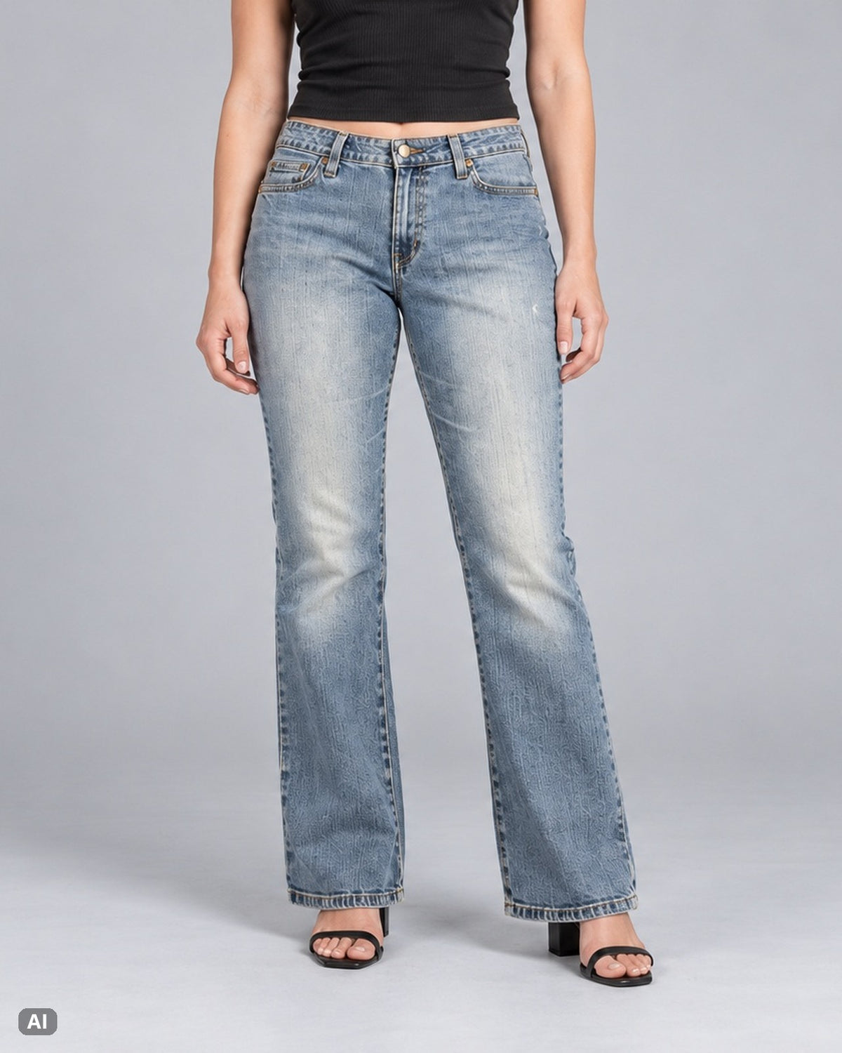 St. John's Bay Bootcut Mid Rise Jeans – Gr. EU 38 / M – Vorne, KI-Visualisierung am Model