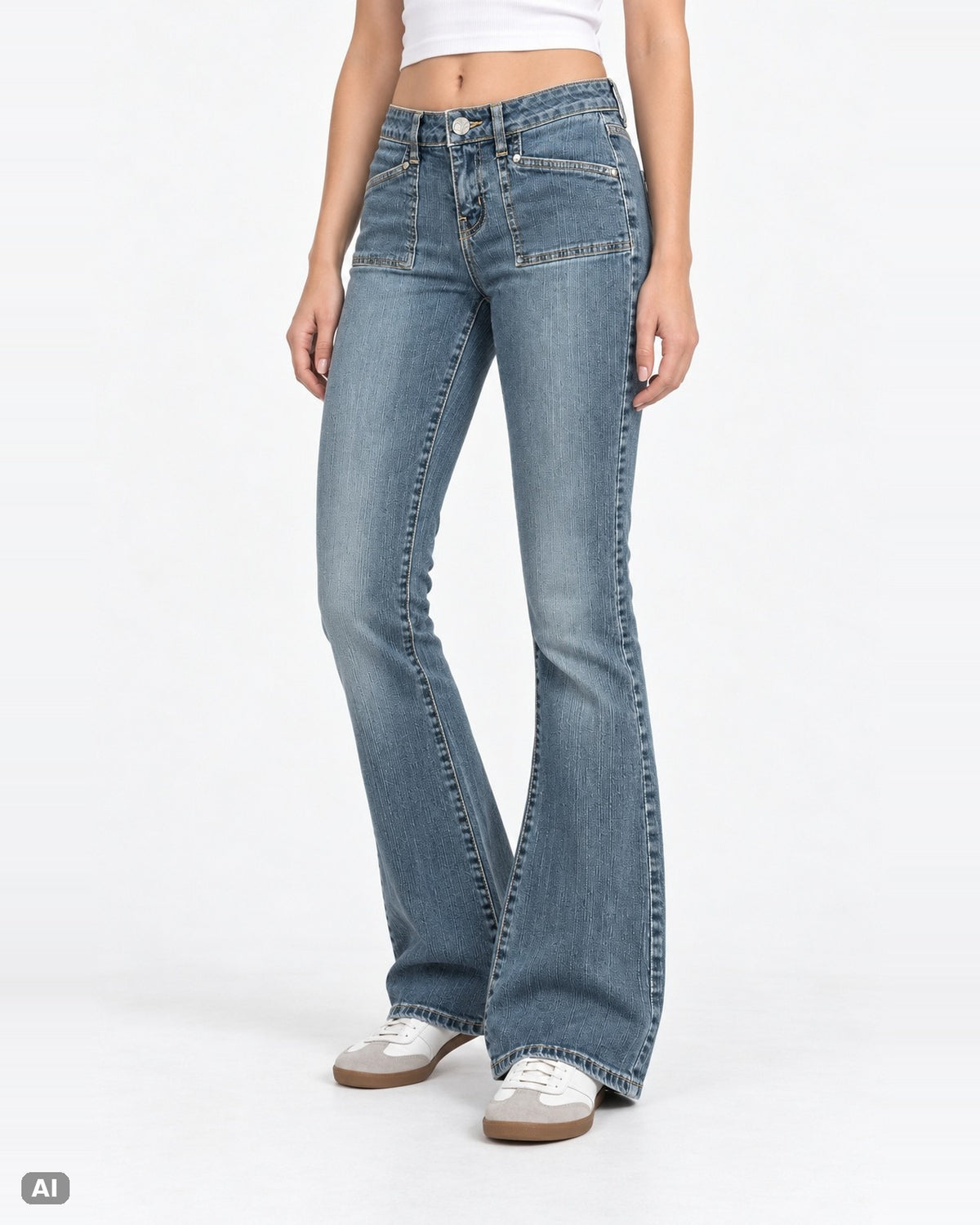 Fashion Bug Melrose Mid Waist Bootcut Jeans – Gr. EU 34 / XS – Vorne, KI-Visualisierung am Model
