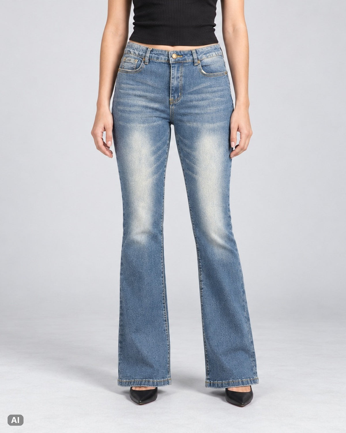 Vintage High Waist Bootcut Jeans – Gr. EU 36 / S – Vorne, KI-Visualisierung am Model