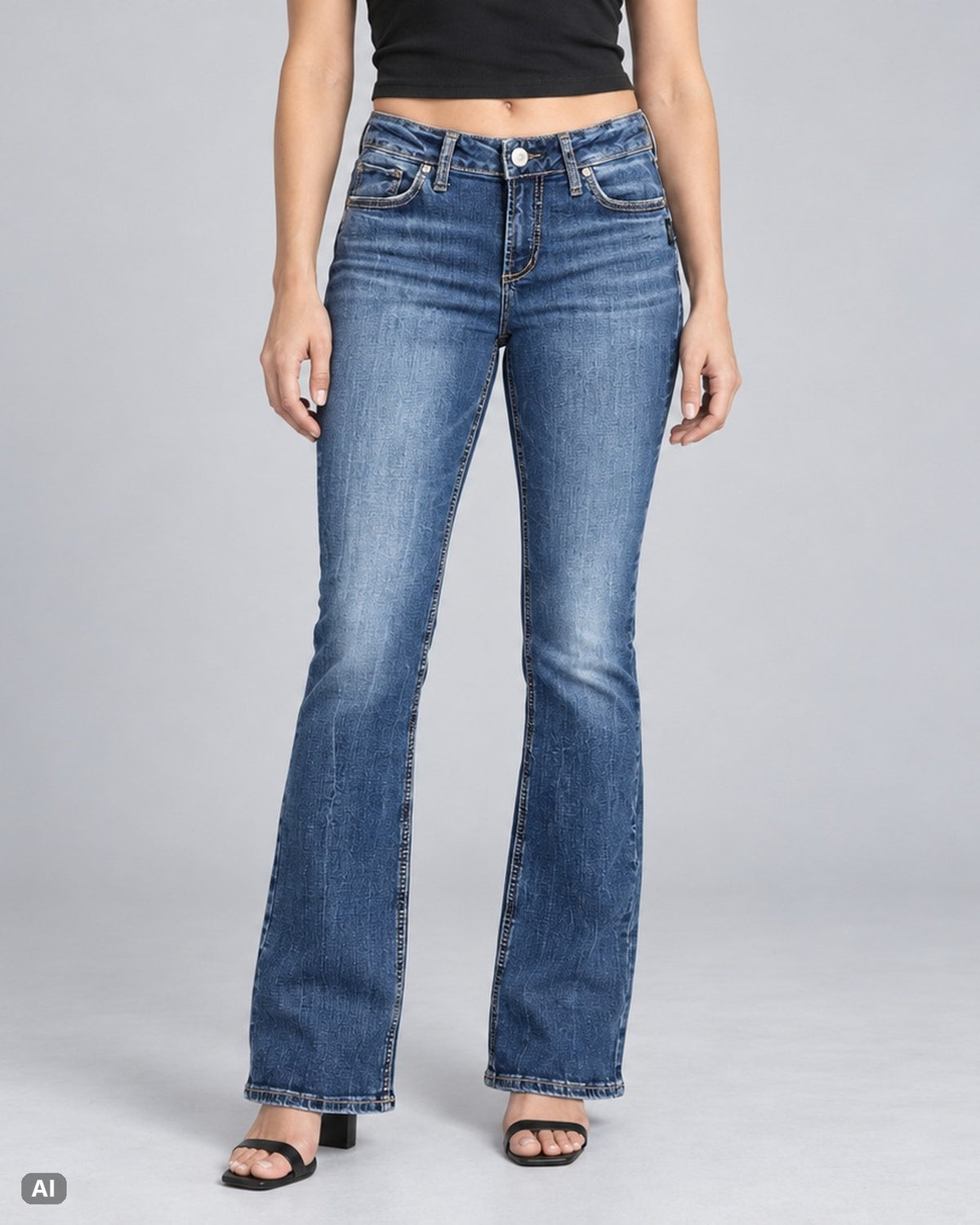 Silver Jeans Co Mid Waist Bootcut-Jeans – Gr. EU 36 / S – Vorne, KI-Visualisierung am Model