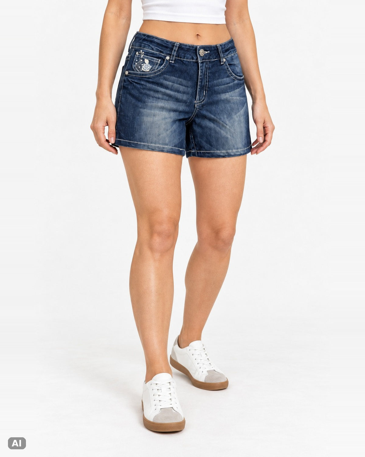Mogul Blütenstickerei Mid Waist Jeansshorts – Gr. EU 34 / XS – Vorne, KI-Visualisierung am Model