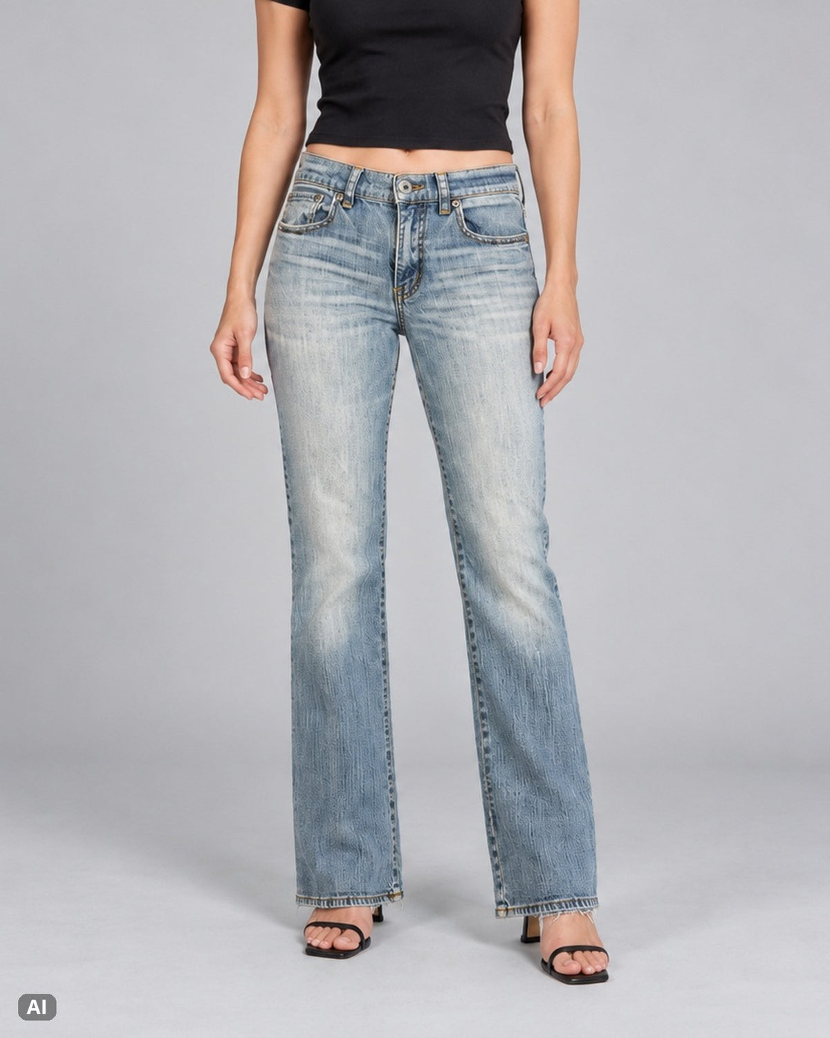 New York & Company Bootcut Mid Rise Jeans – Gr. EU 38 / M – Vorne, KI-Visualisierung am Model