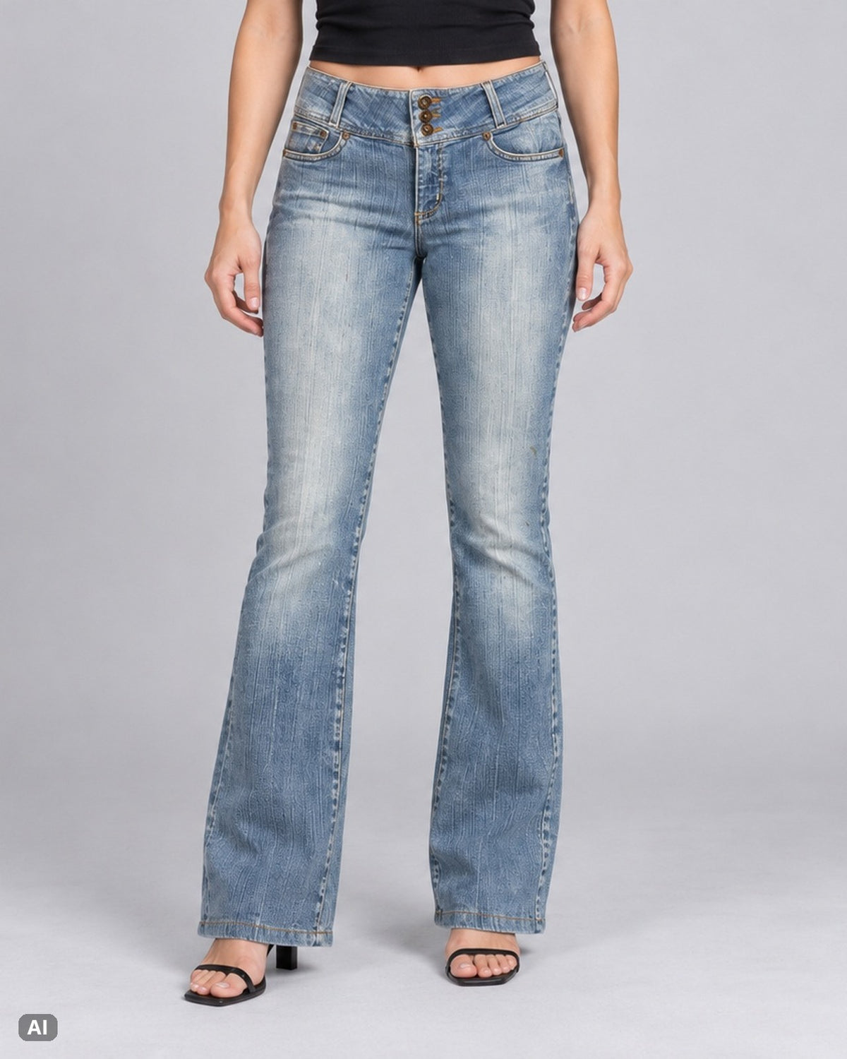 Vintage Mid Waist Bootcut Jeans – Gr. EU 36 / S – Vorne, KI-Visualisierung am Model