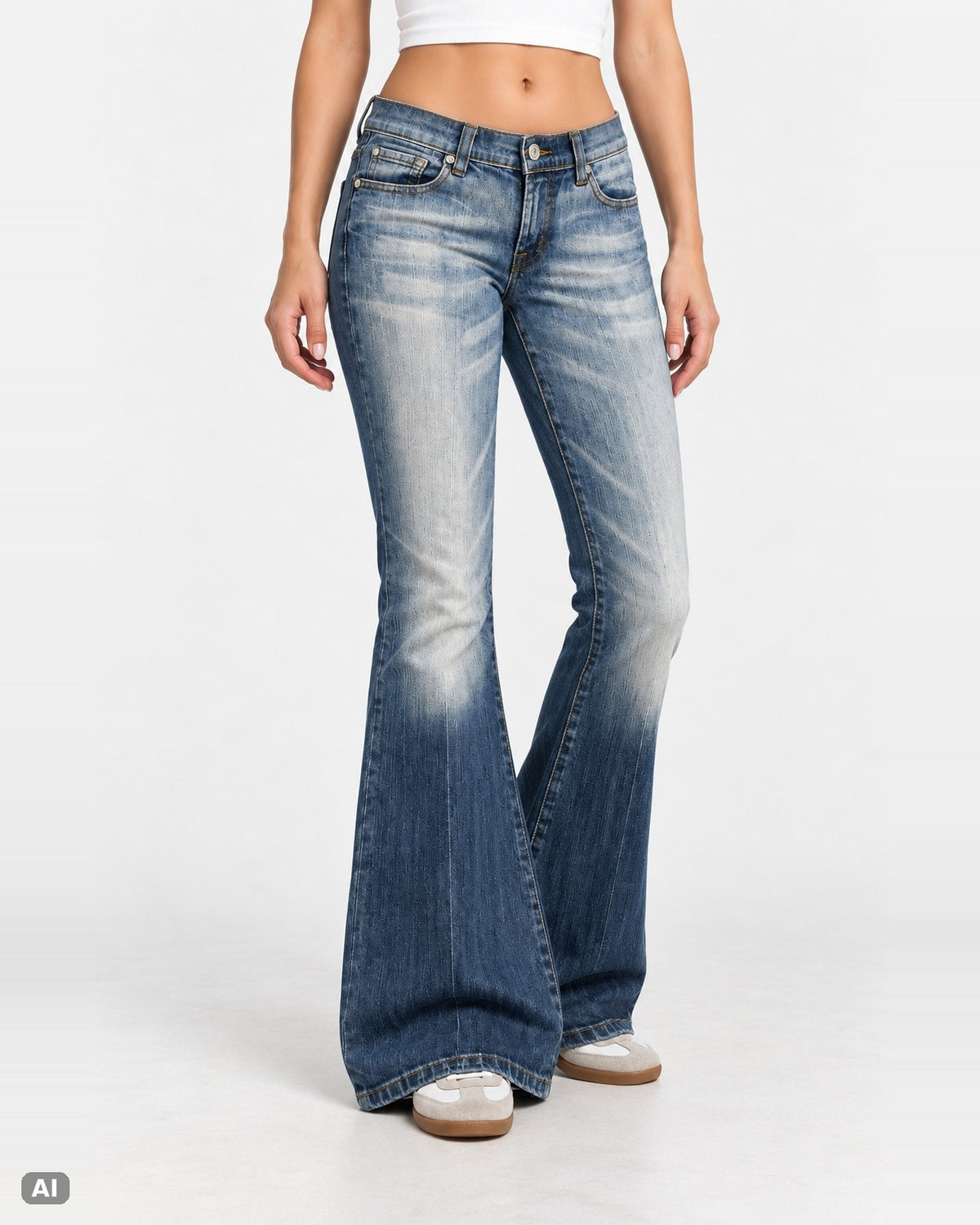 UB Jeans Flare Low Waist – Gr. EU 34 / XS – Vorne, KI-Visualisierung am Model