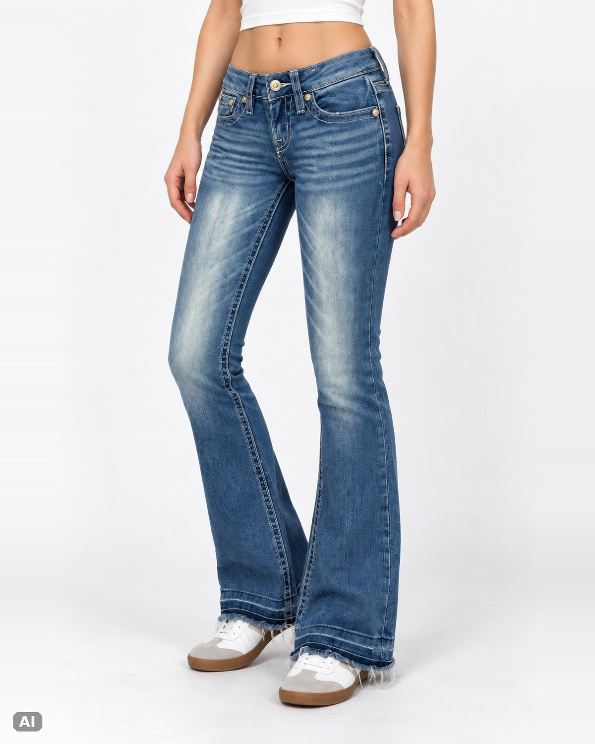 Stella in Dreams Low Waist Bootcut Jeans – Gr. EU 28 / XXS – Vorne, KI-Visualisierung am Model