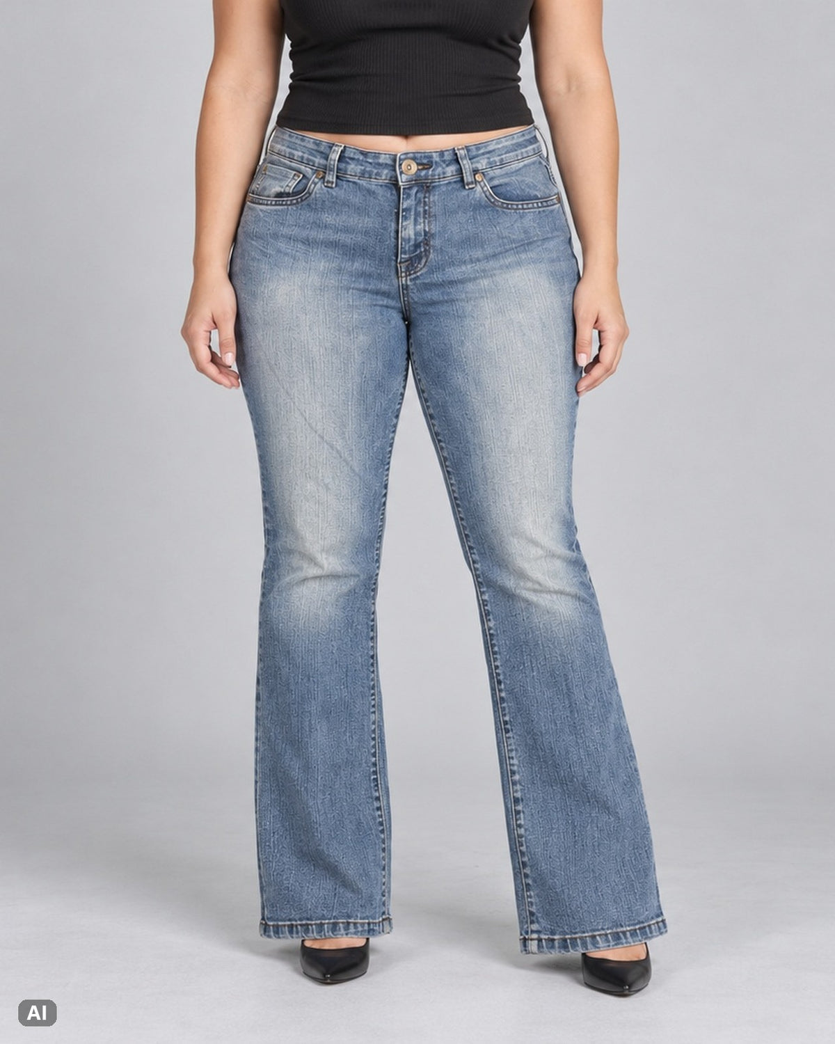 Style & Co. Denim Rauten Mid-Rise Bootcut-Jeans – Gr. EU 36 / S – Vorne, KI-Visualisierung am Model