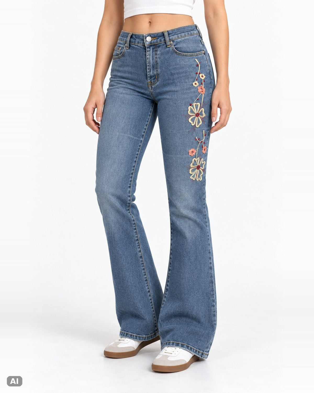 Vintage Blumenstickerei High Waist Bootcut Jeans – Gr. EU 34 / XS – Vorne, KI-Visualisierung am Model