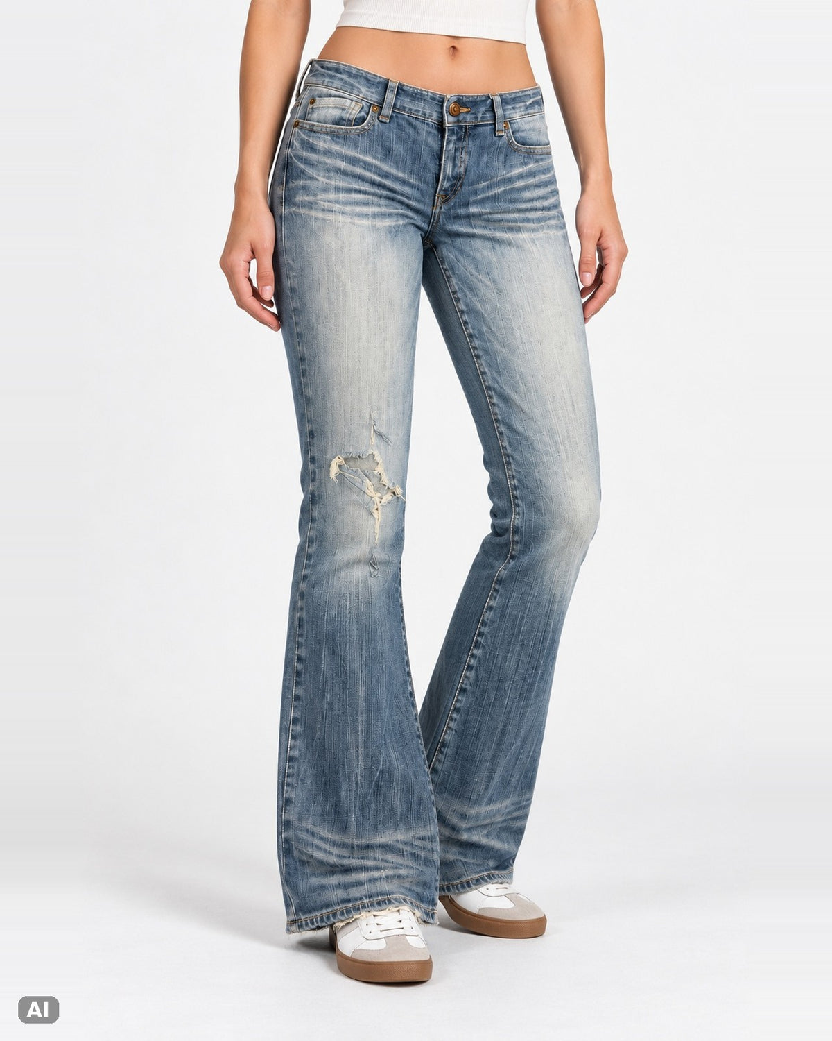 Express Bootcut Low Rise Jeans – Gr. EU 40 / L – Vorne, KI-Visualisierung am Model