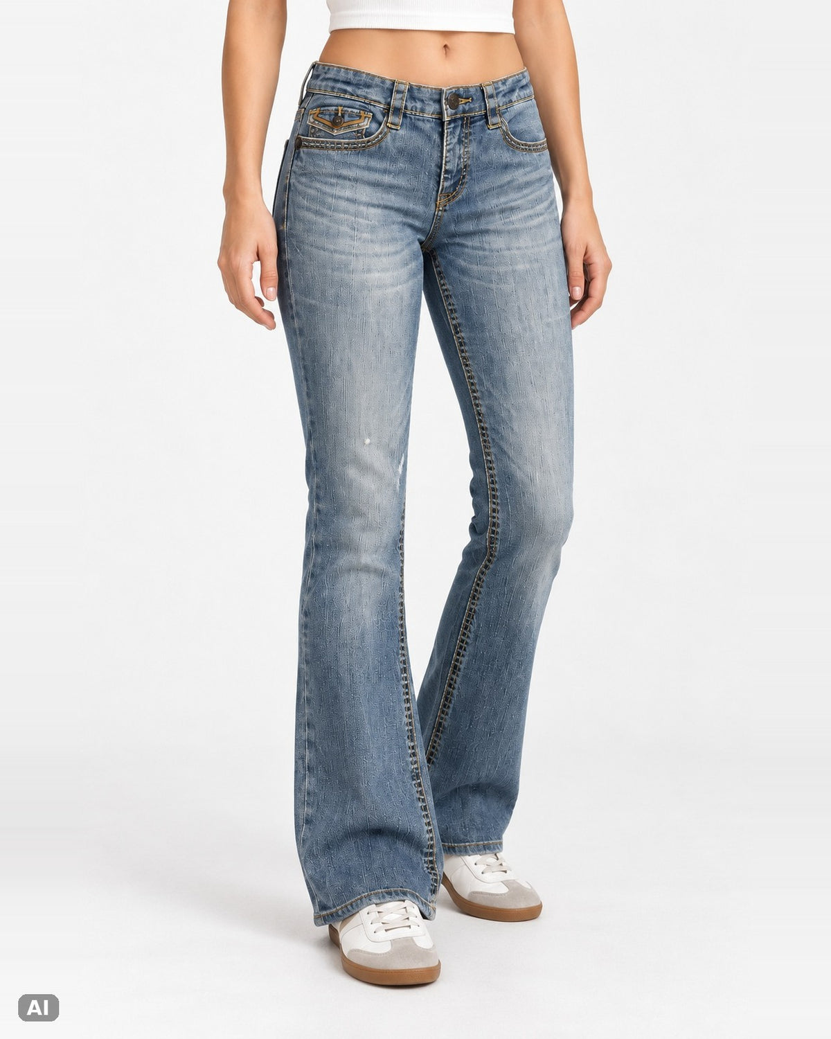 Supplies bestickte Mid-Rise-Bootcut-Jeans – Gr. EU 40 / L – Vorne, KI-Visualisierung am Model