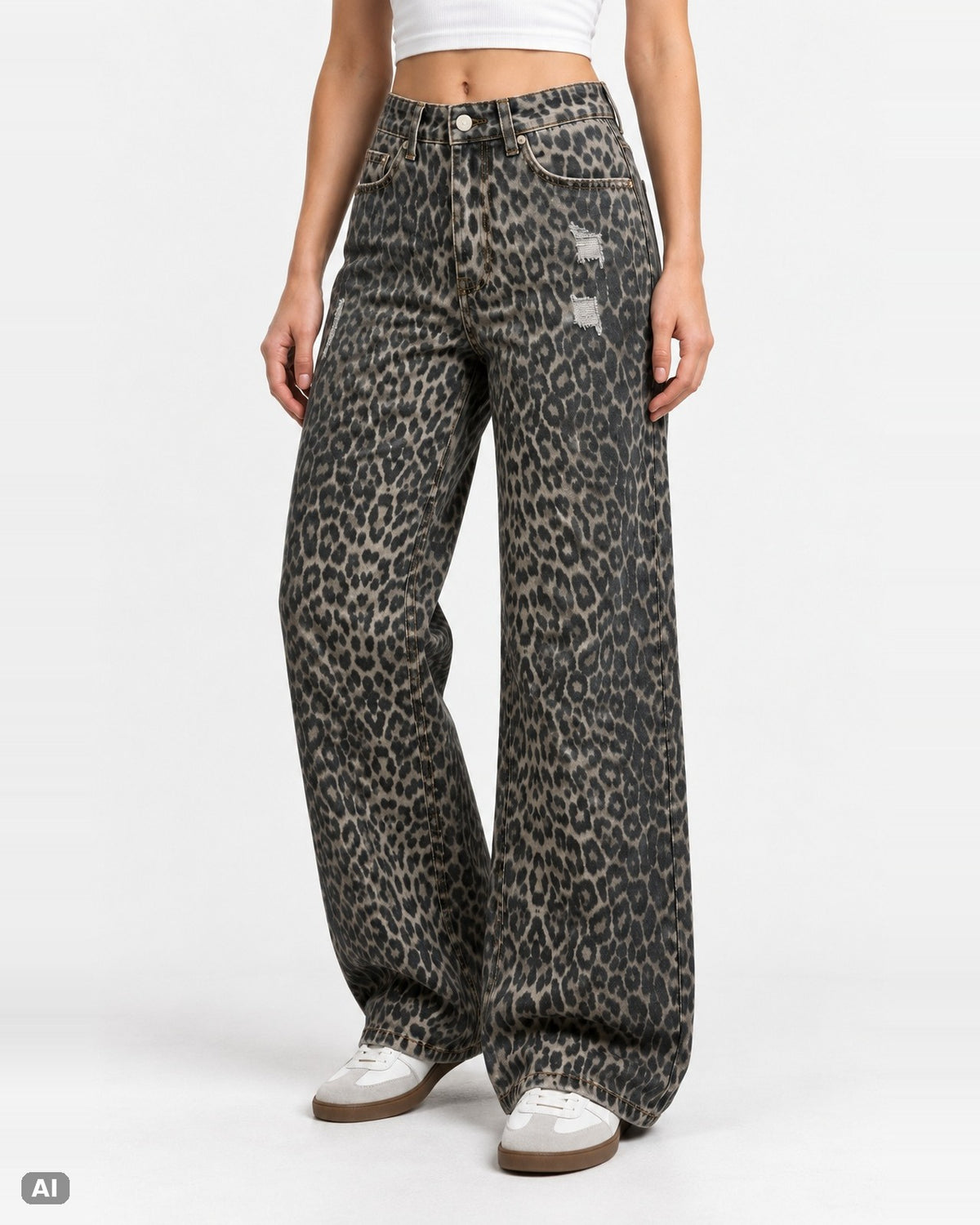 Marivy Wide Leg Jeans Damen mit Leopardenmuster Strass Taschen Y2K… – Vorne, KI-Visualisierung am Model