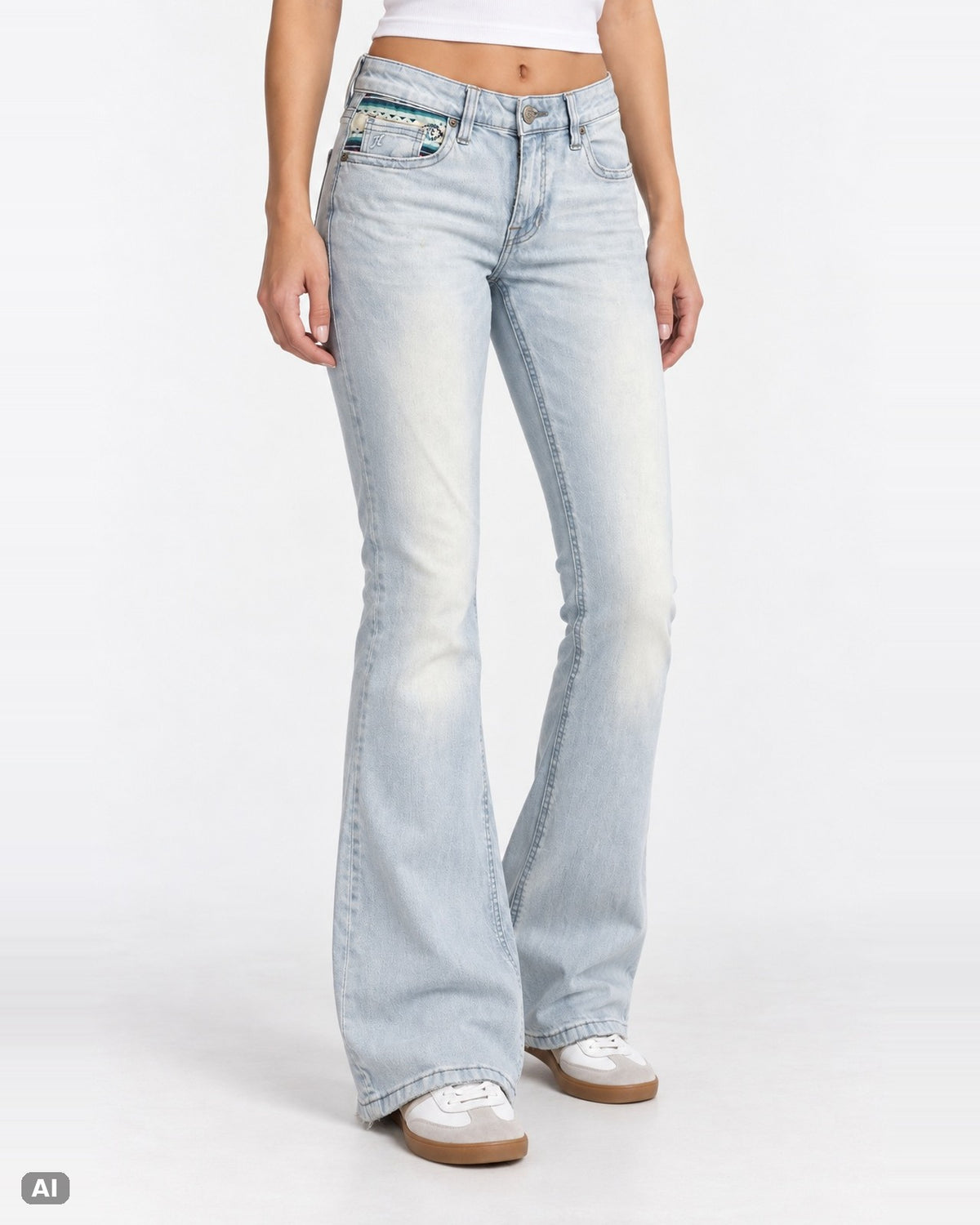 Rock & Roll Denim Mid Rise Bootcut Jeans – Gr. EU 36 / S – Vorne, KI-Visualisierung am Model