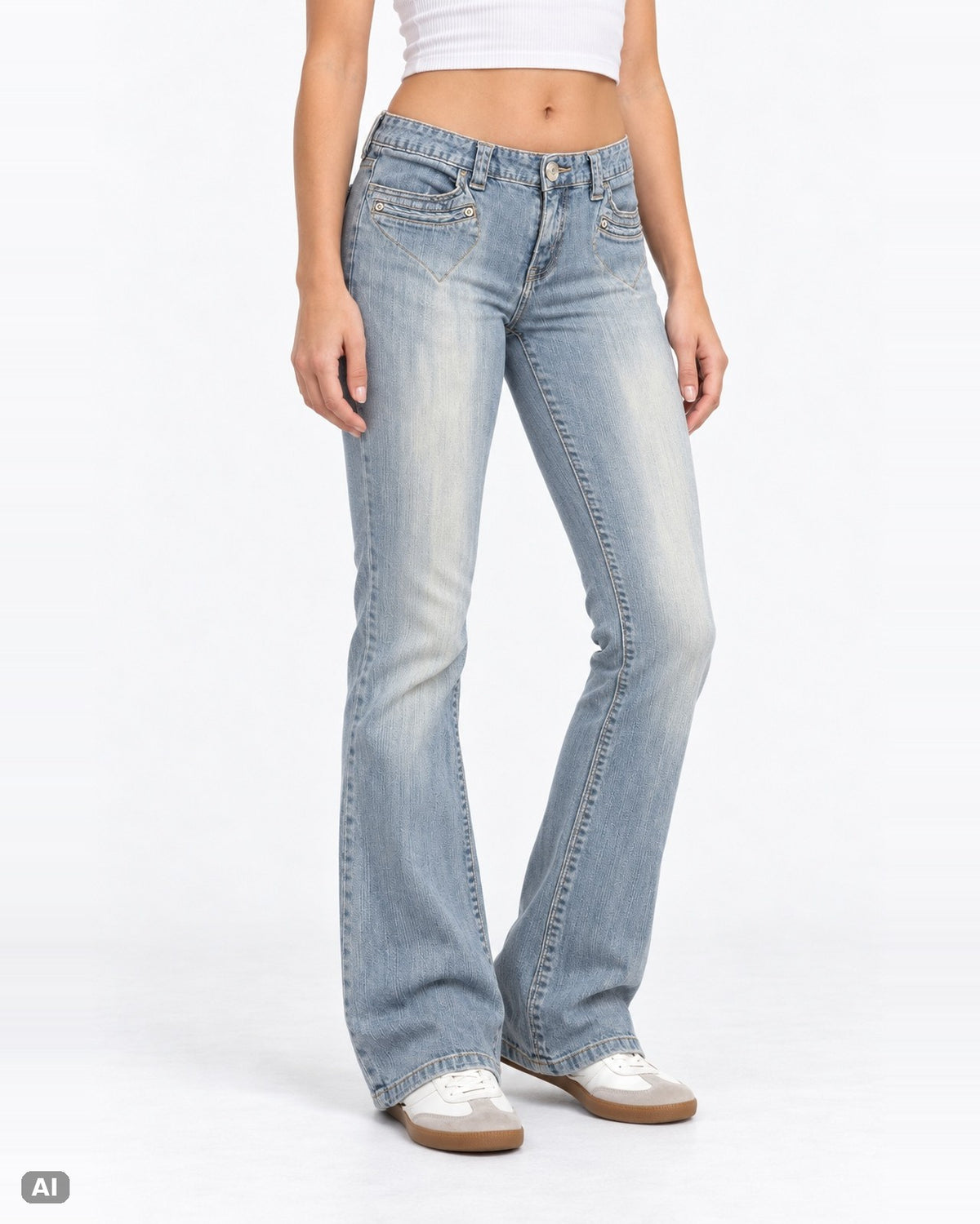 Daisy Fuentes Mid Waist Bootcut Jeans – Gr. EU 42 / XL – Vorne, KI-Visualisierung am Model