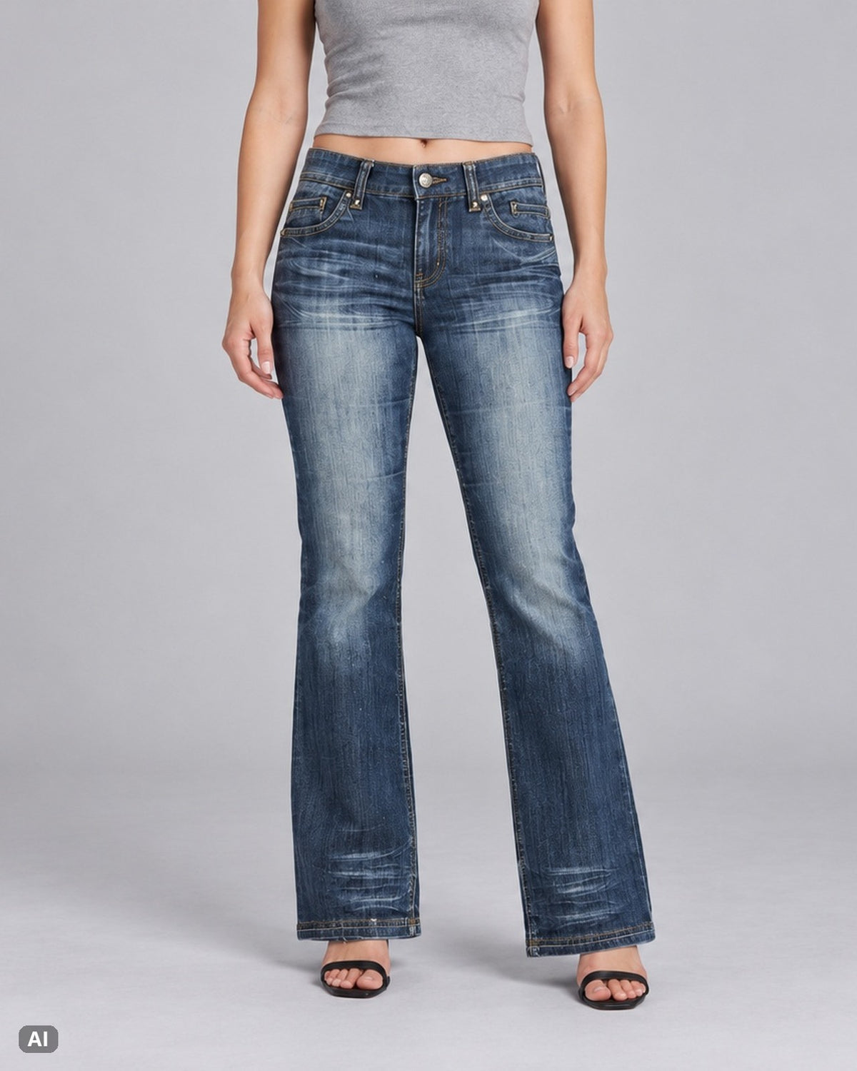 Phildar Mid-Waist-Bootcut-Jeans – Gr. EU 40 / L – Vorne, KI-Visualisierung am Model
