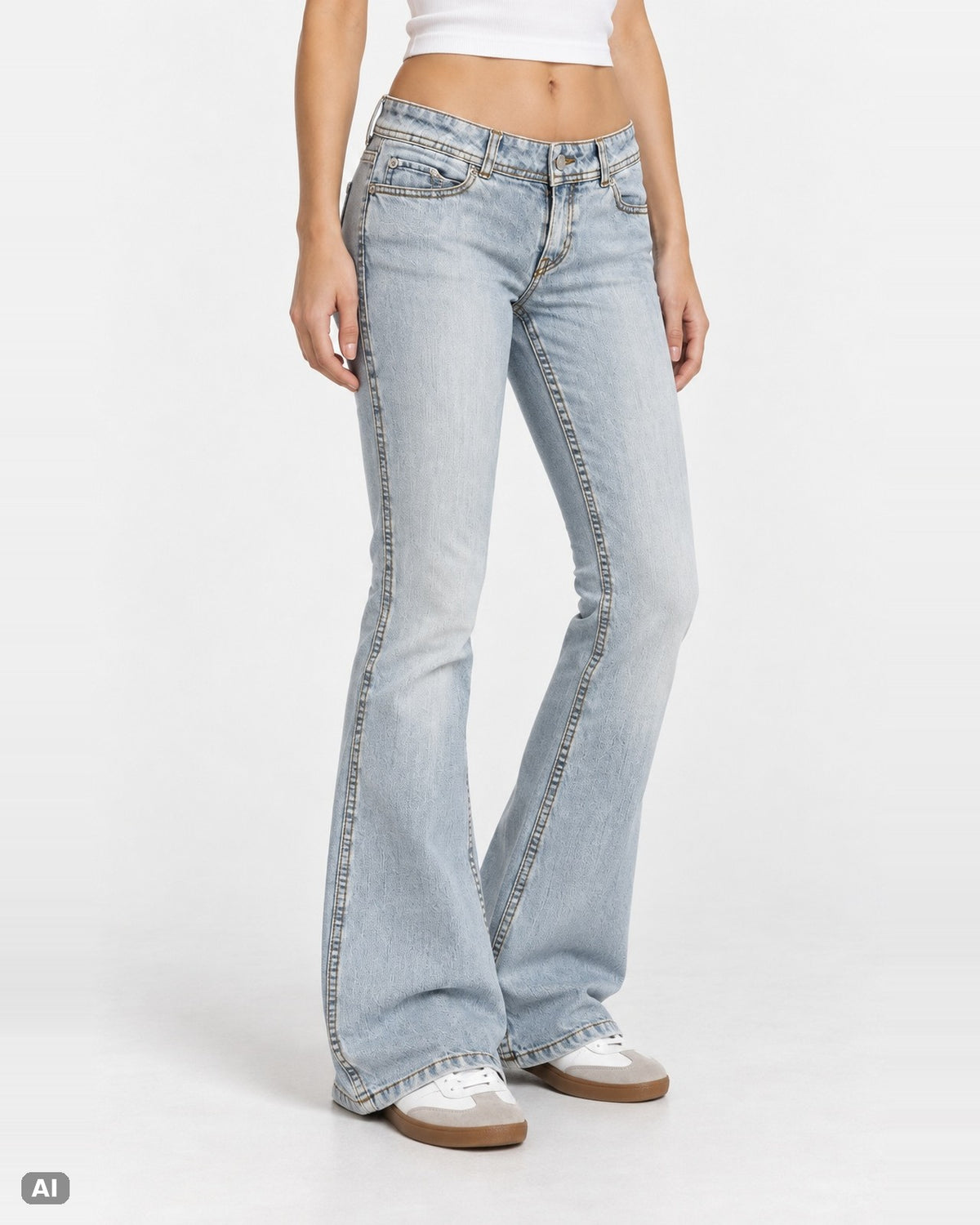 London Jean Low Waist Bootcut Jeans – Gr. EU 34 / XS – Vorne, KI-Visualisierung am Model