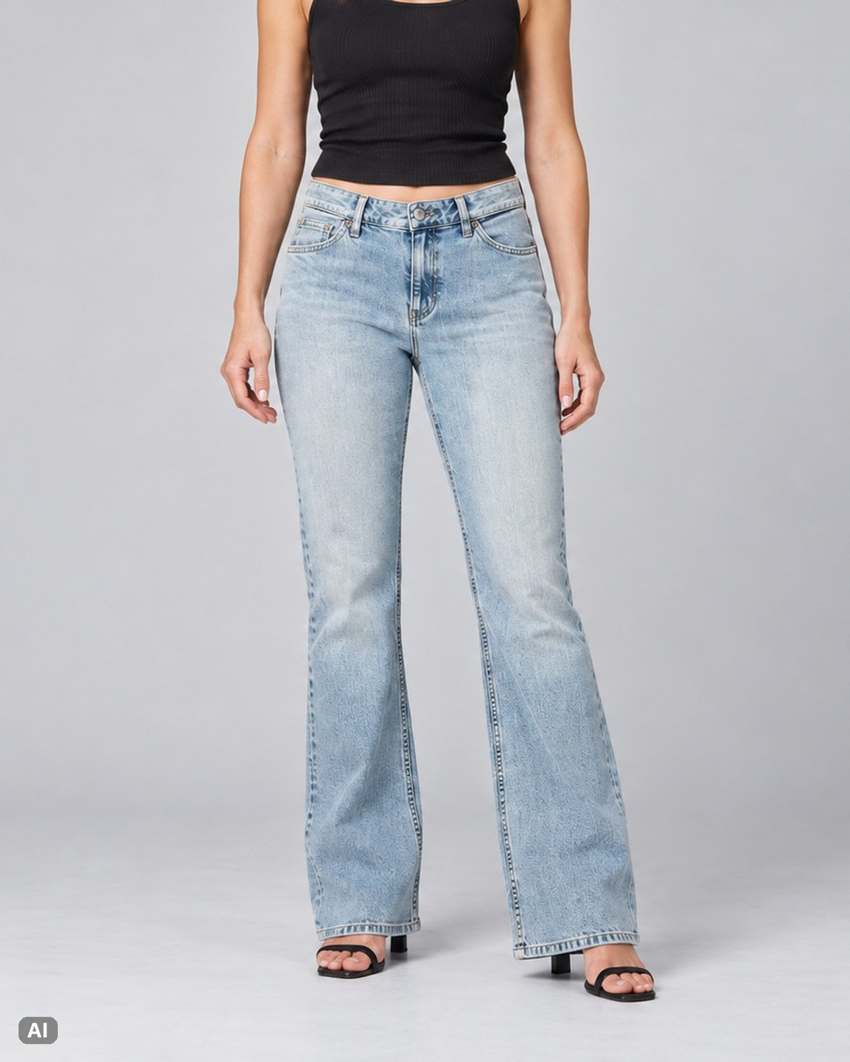 J.Jill Acid-Waschung Mid Waist Bootcut-Jeans – Gr. EU 38 / M – Vorne, KI-Visualisierung am Model