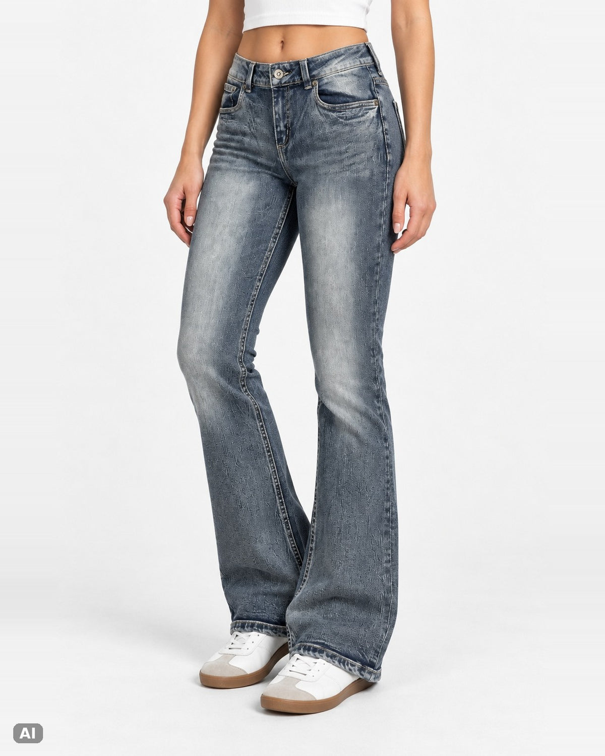 Jeanologie High Waist Bootcut Jeans – Gr. EU 40 / L – Vorne, KI-Visualisierung am Model