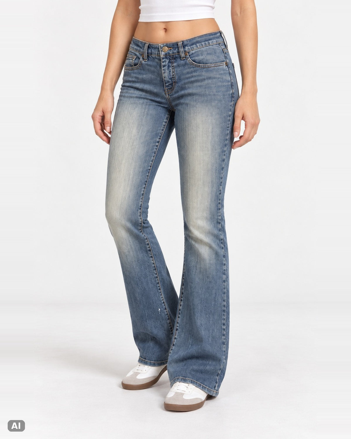 Faded Glory Mid Waist Bootcut Jeans – Gr. EU 40 / L – Vorne, KI-Visualisierung am Model