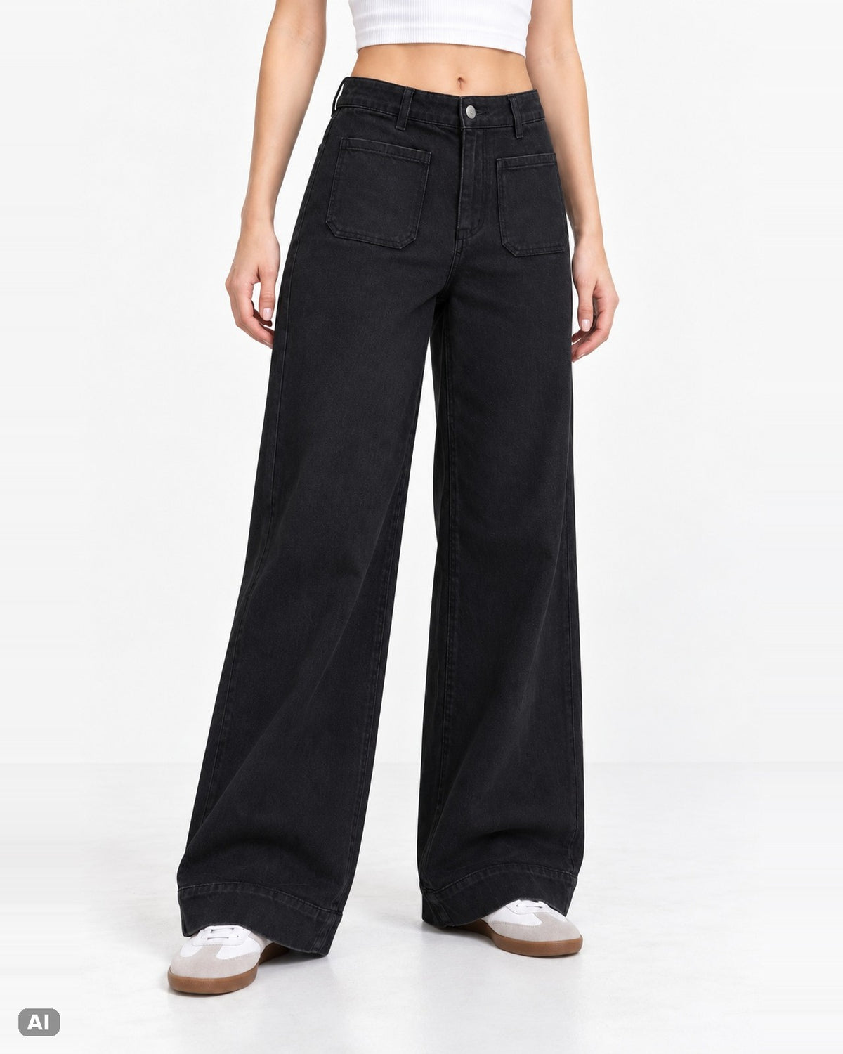 Marivy Wide Leg Baggy Fit Klassische Taille Mid Rise Jeans – Vorne, KI-Visualisierung am Model