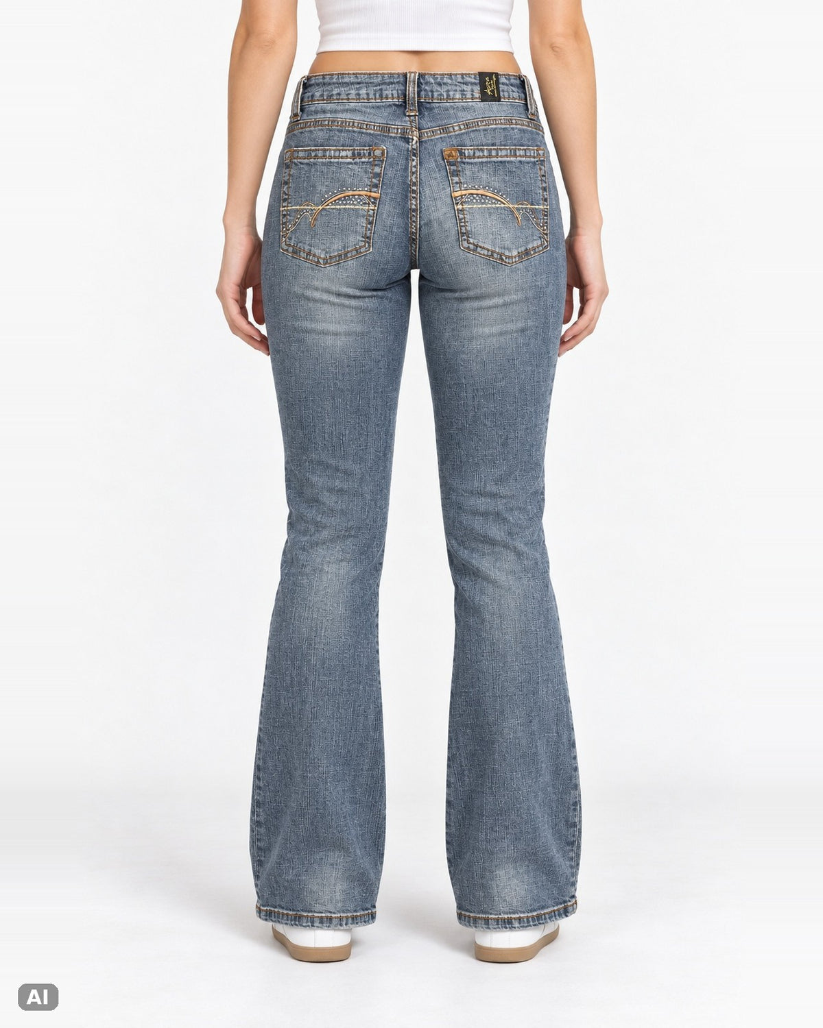 Vintage Strass Mid-Waist Bootcut-Jeans – Gr. EU 34 / XS – Hinten, KI-Visualisierung am Model