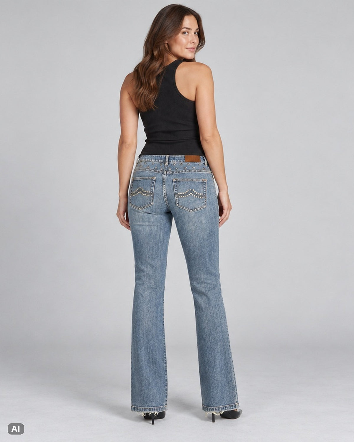 Brooks Brothers Mid Rise Bootcut Jeans – Gr. EU 36 / S – Hinten, KI-Visualisierung am Model
