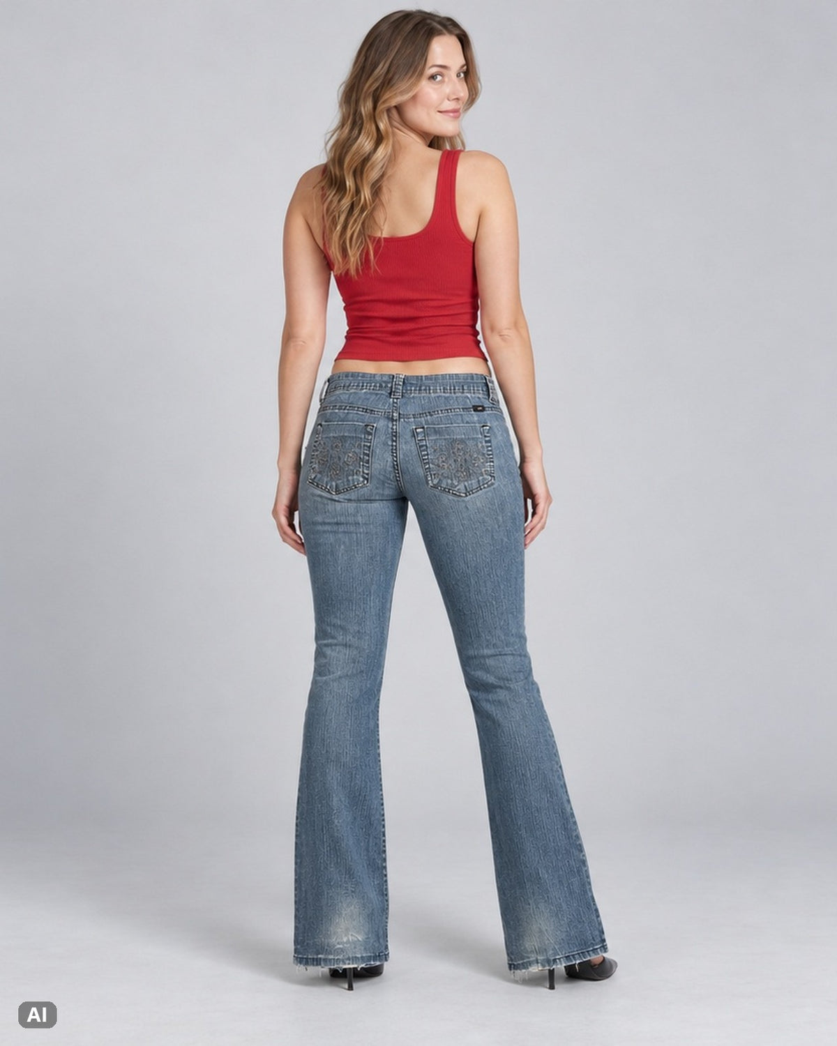 l.e.i Chelsea Low Rise Bootcut Jeans – Gr. EU 34 / XS – Hinten, KI-Visualisierung am Model