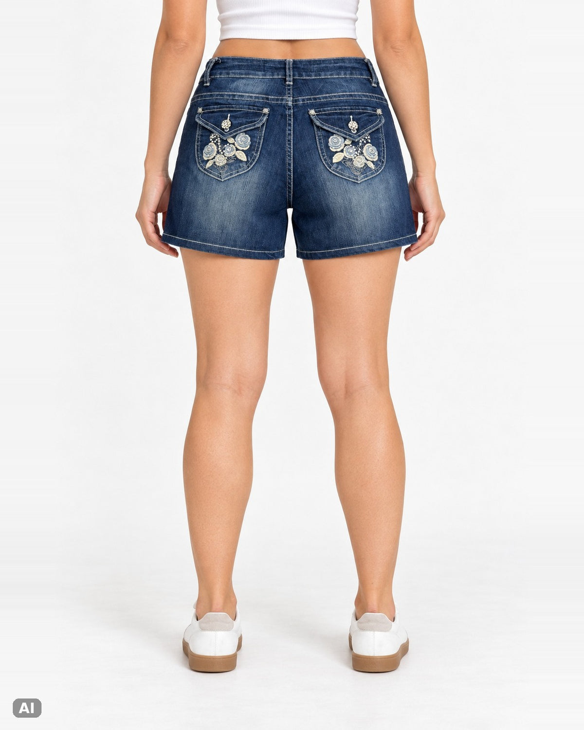 Mogul Blütenstickerei Mid Waist Jeansshorts – Gr. EU 34 / XS – Hinten, KI-Visualisierung am Model