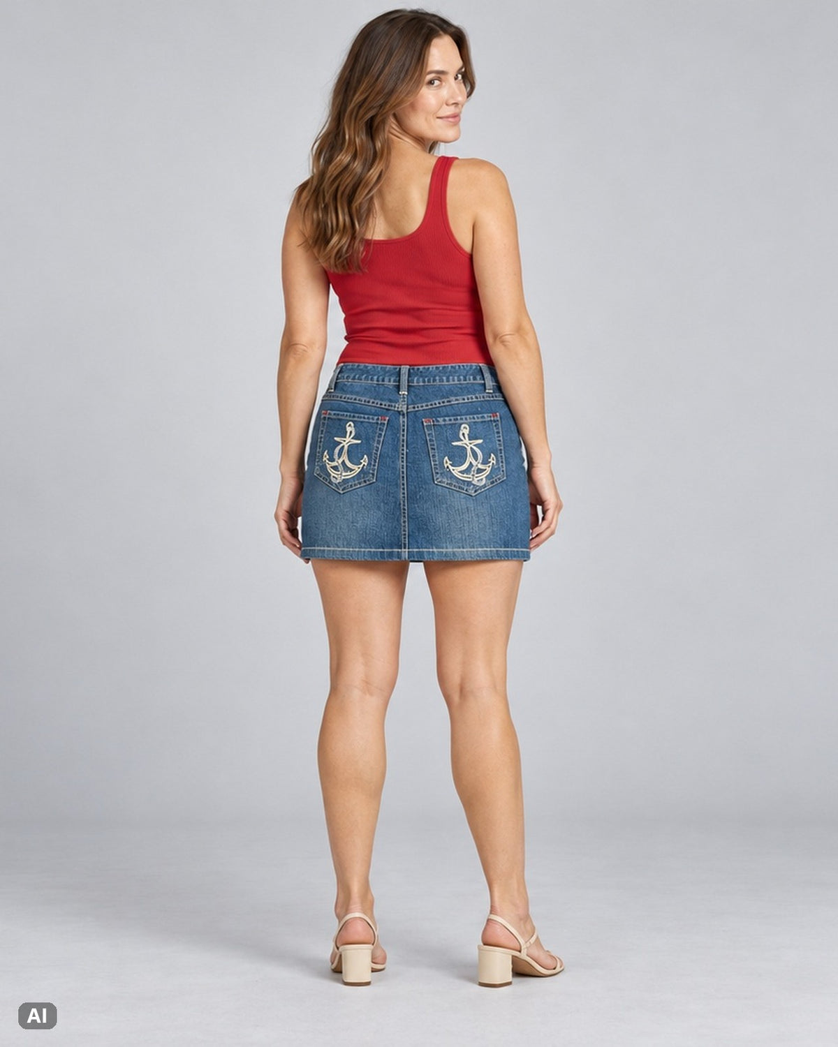 Style & Co Ankerstickerei ausgestellter Minirock – Gr. EU 36 / S – Hinten, KI-Visualisierung am Model