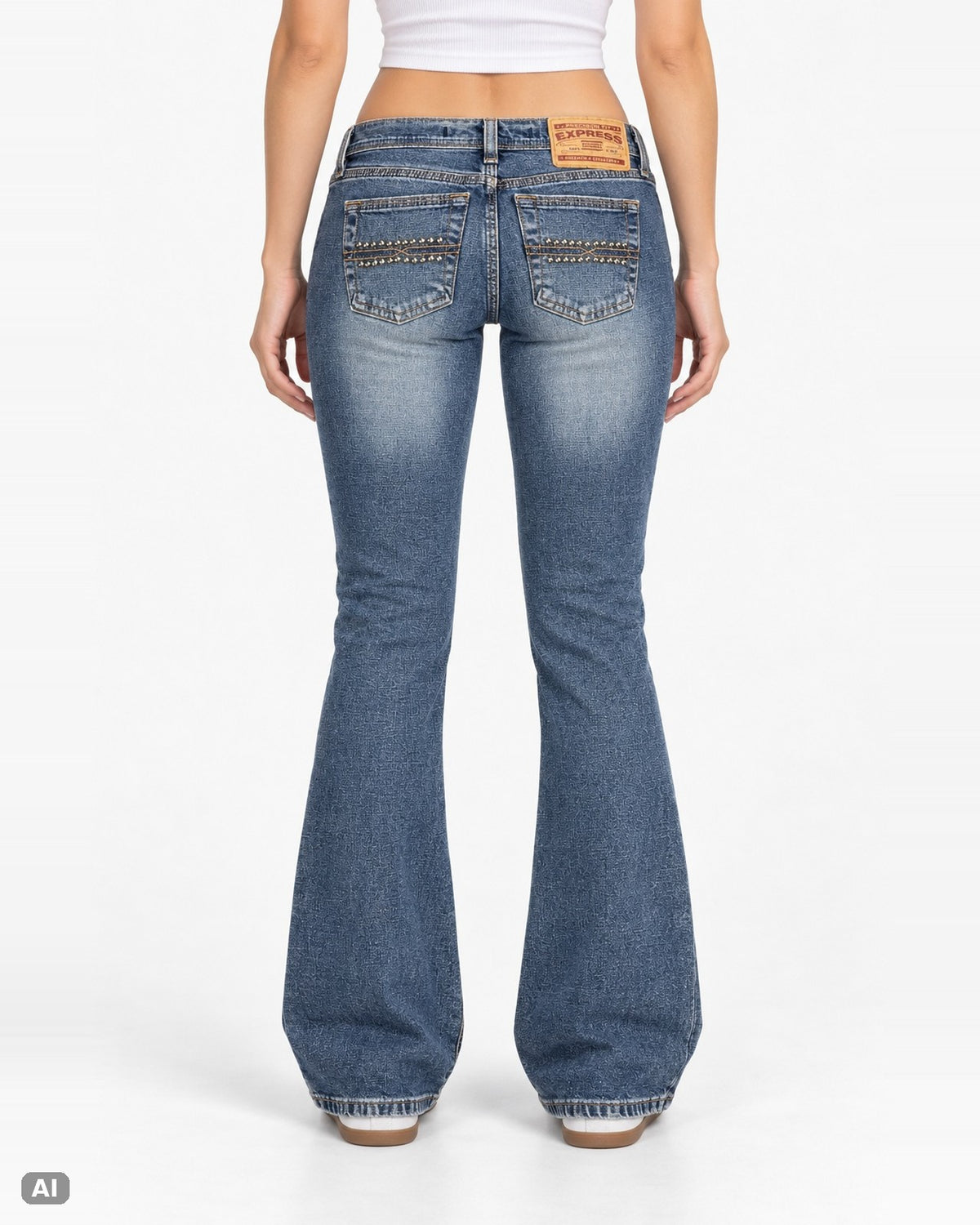 Express Low Rise Bootcut Jeans – Gr. EU 34 / XS – Hinten, KI-Visualisierung am Model
