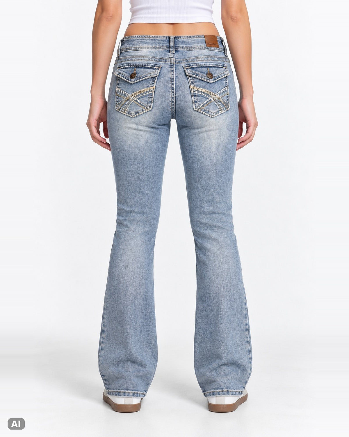 Wallflower Curvy Fit Mid-Waist Bootcut-Jeans – Gr. EU 40 / L – Hinten, KI-Visualisierung am Model
