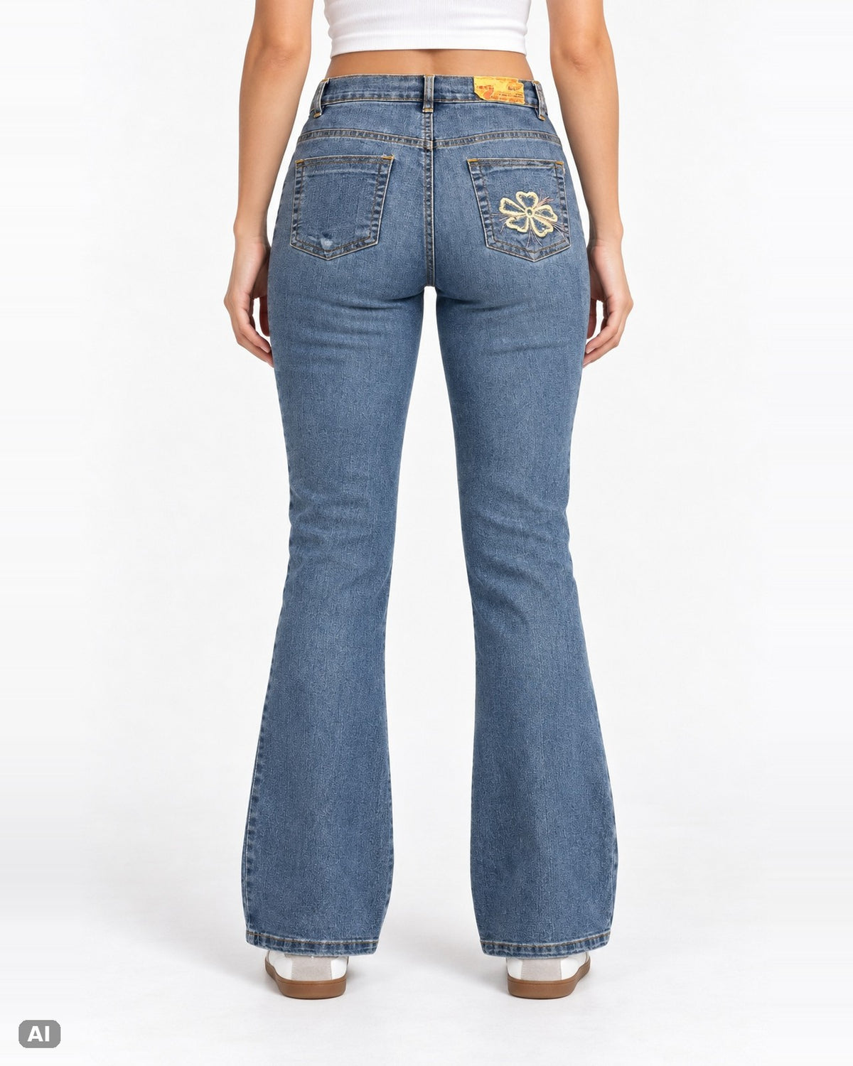 Vintage Blumenstickerei High Waist Bootcut Jeans – Gr. EU 34 / XS – Hinten, KI-Visualisierung am Model
