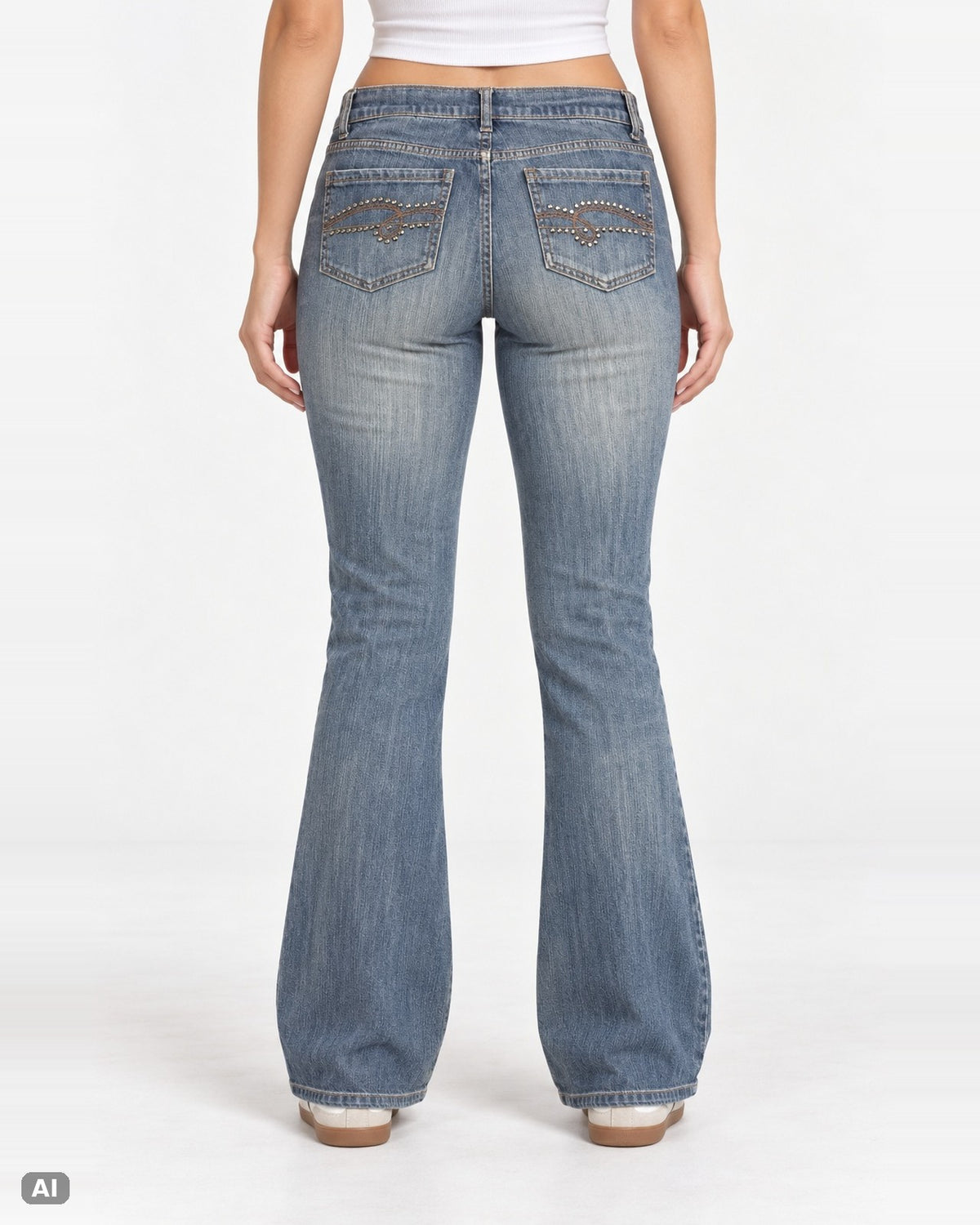 Faded Glory Mid Waist Bootcut Jeans – Gr. EU 40 / L – Hinten, KI-Visualisierung am Model